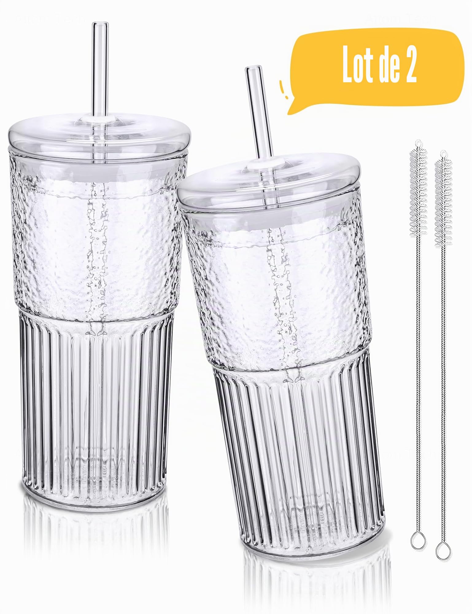 NiHome Lot de 2 gobelets en verre borosilicate transparent avec couvercle et paille, 650 ml, pour café glacé, smoothie, thé avec pailles, réutilisables