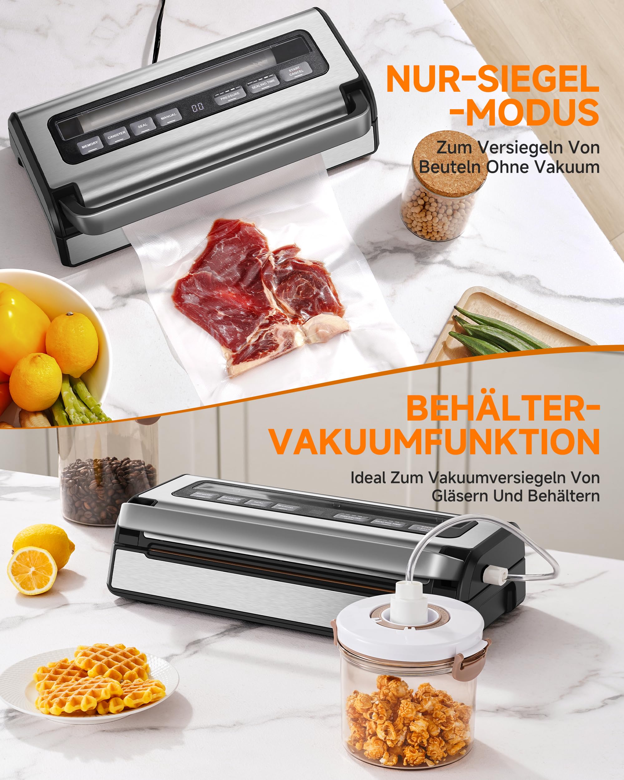 Vakuumiergerät 95 kPa 9-in-1 Lebensmittel-Vakuumierer mit einstellbarem Zeit- & Druckmodus, Doppelter Versiegelung