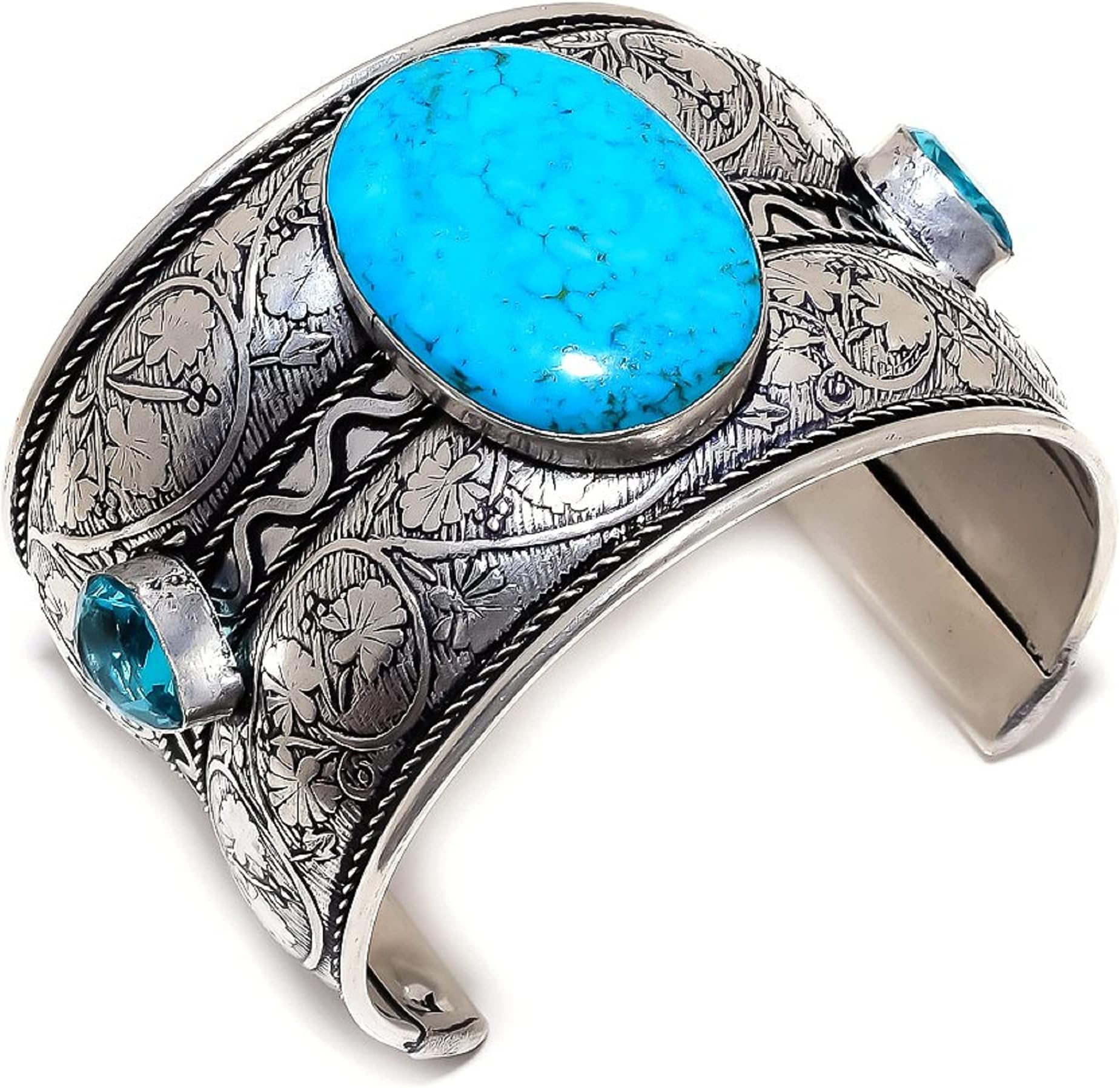 OpalgemstoreArizona Turquoise, Blue Topaz 925 Sterling Silver Cuff Bracelet Adst. JQ-2052