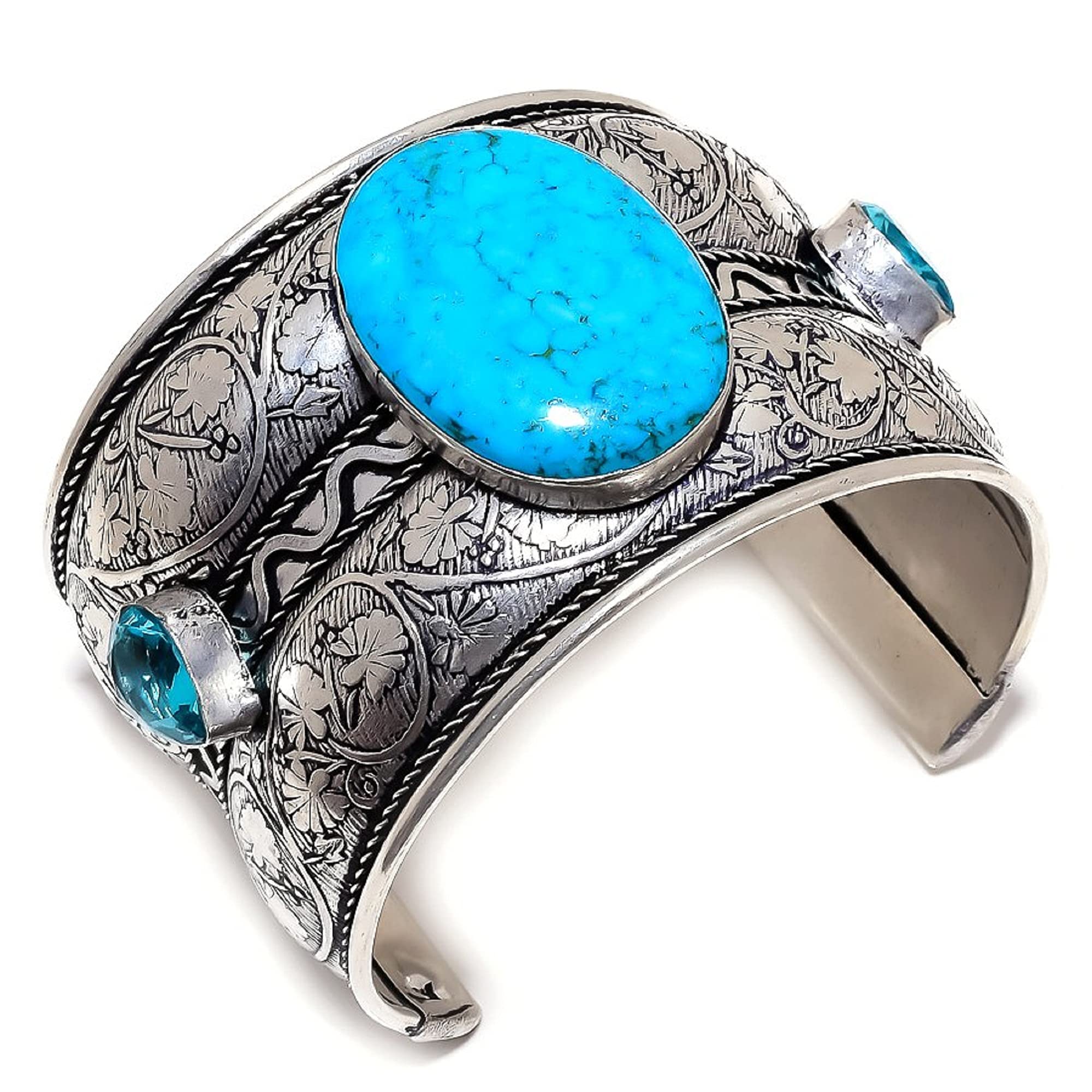 OpalgemstoreArizona Turquoise, Blue Topaz 925 Sterling Silver Cuff Bracelet Adst. JQ-2052