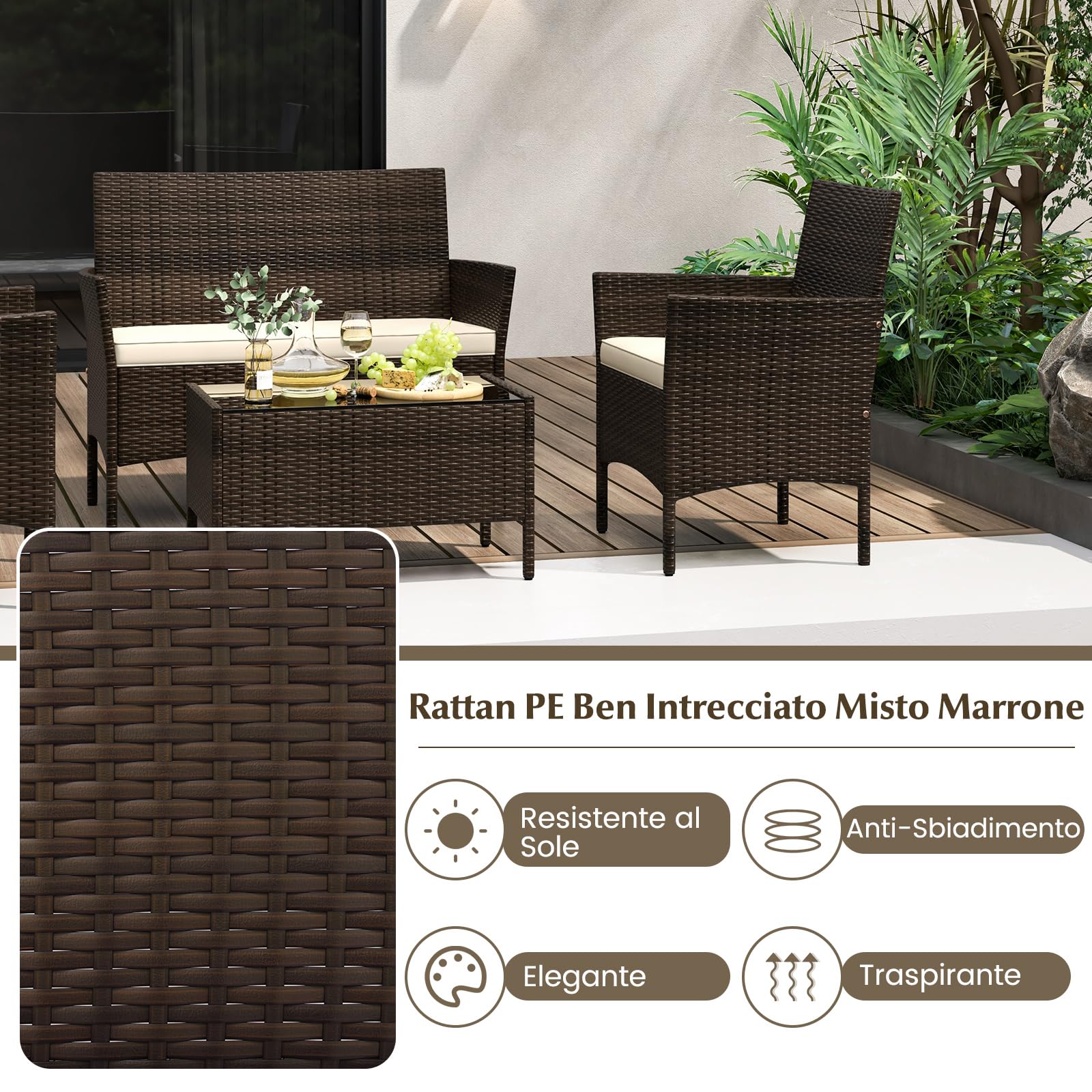 COSTWAY Set di Salotto da Giardino in Rattan 4 Pezzi, Set Mobili da Esterno in Vimini con Cuscini Morbidi, Divanetto e Poltrona con Tavolo in Vetro Temperato per Giardino e Veranda (Marrone)