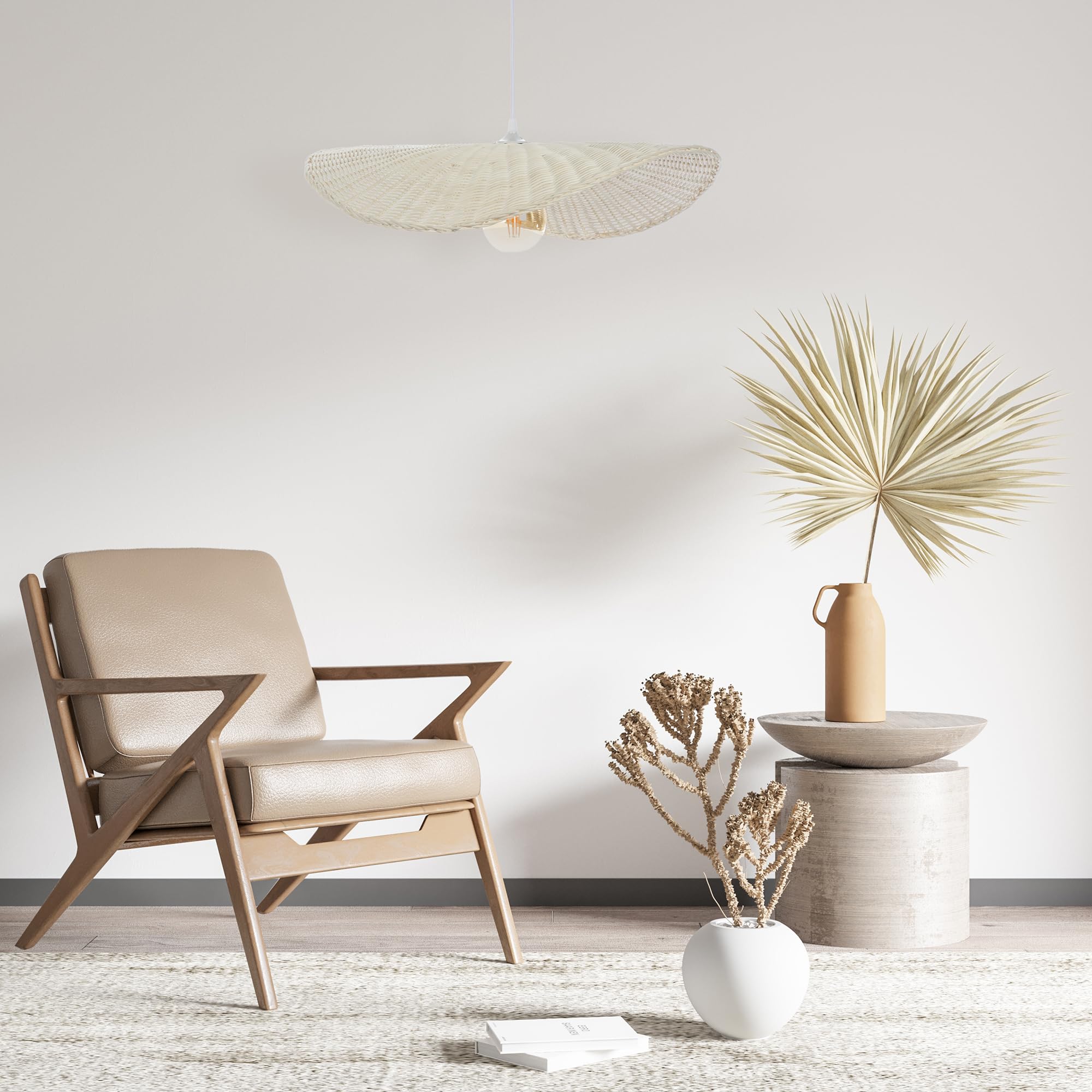 LUSSIOL - Luminaire Padang, lustre chips - lampe suspendue en rotin tressé naturel puis blanchi - câble plastique blanc, douille E27 - possibilité ampoule LED - 60W maxi, Diam. 58 x H. 11 cm