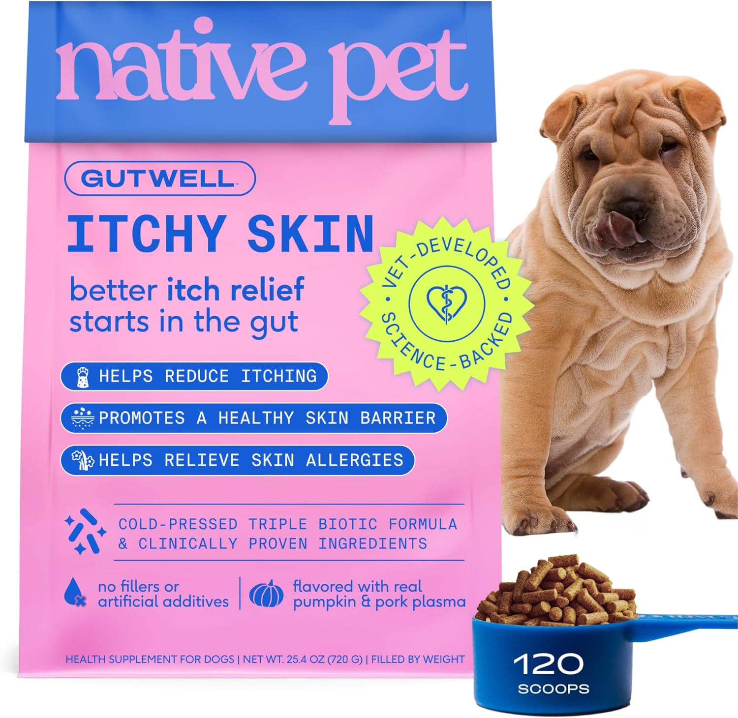 GutWell Itchy Skin - Dog Itching Skin Relief & Seasonal Allergy Itch Relief for Dogs - Promotes Skin Hydration, Elasticity & Healthy Barrier with Triple-biotic Blend, Zinc, & Vitamin E - 120 Scoops