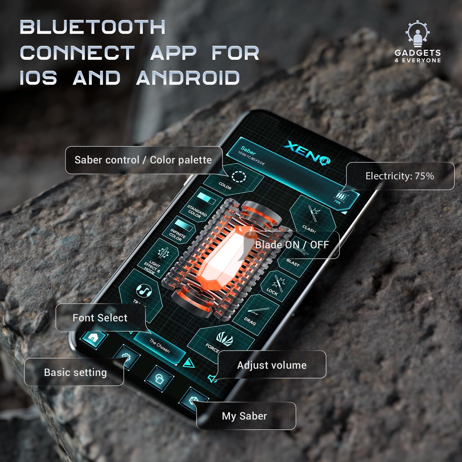 GADGETS 4 EVERYONE G4E Lichtschwert mit Bluetooth App, Smooth Swing, 16 Sound-Schriftarten, unendlicher RGB-Farbwechsel, Bewegungssteuerung, Upgrade RGB v3.0, Lichtschwert für Erwachsene und Cosplay
