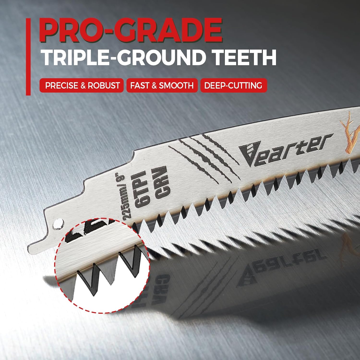 9''(225mm) Reciprocating Saw Blades Japanese Teeth 5PCS, 6TPI Cr-V Reciprocal Saw Blades for Trees with Triple-Ground Offset Teeth, Curved Edge Recip Saw Blades for Trimming and Wood Cutting
