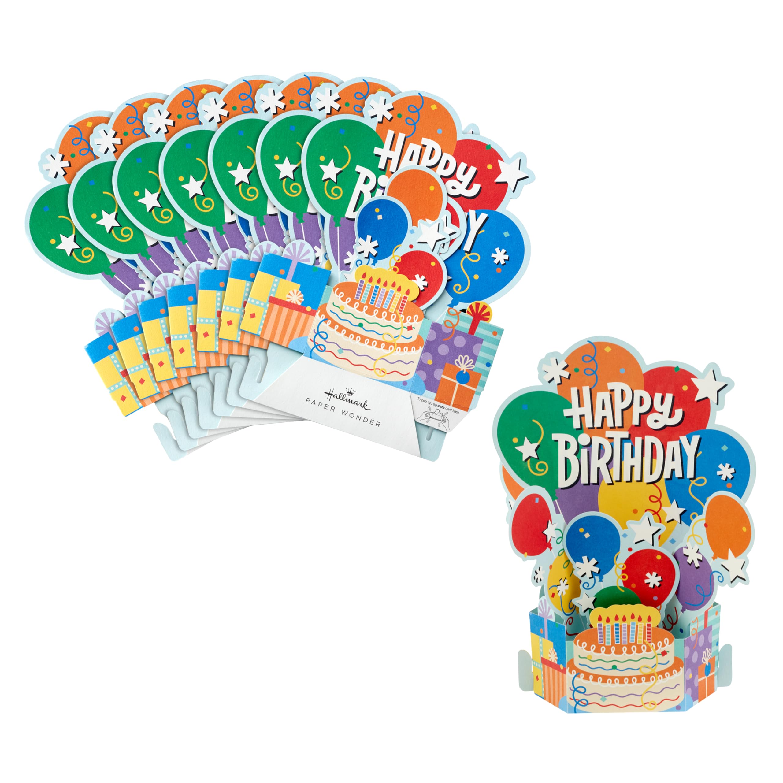 Hallmark 3D & Pop Up Birthday Card Multipack, Pack of 8, Balloons & Cake Design, Kids Birthday, Red, Blue, Orange, Green