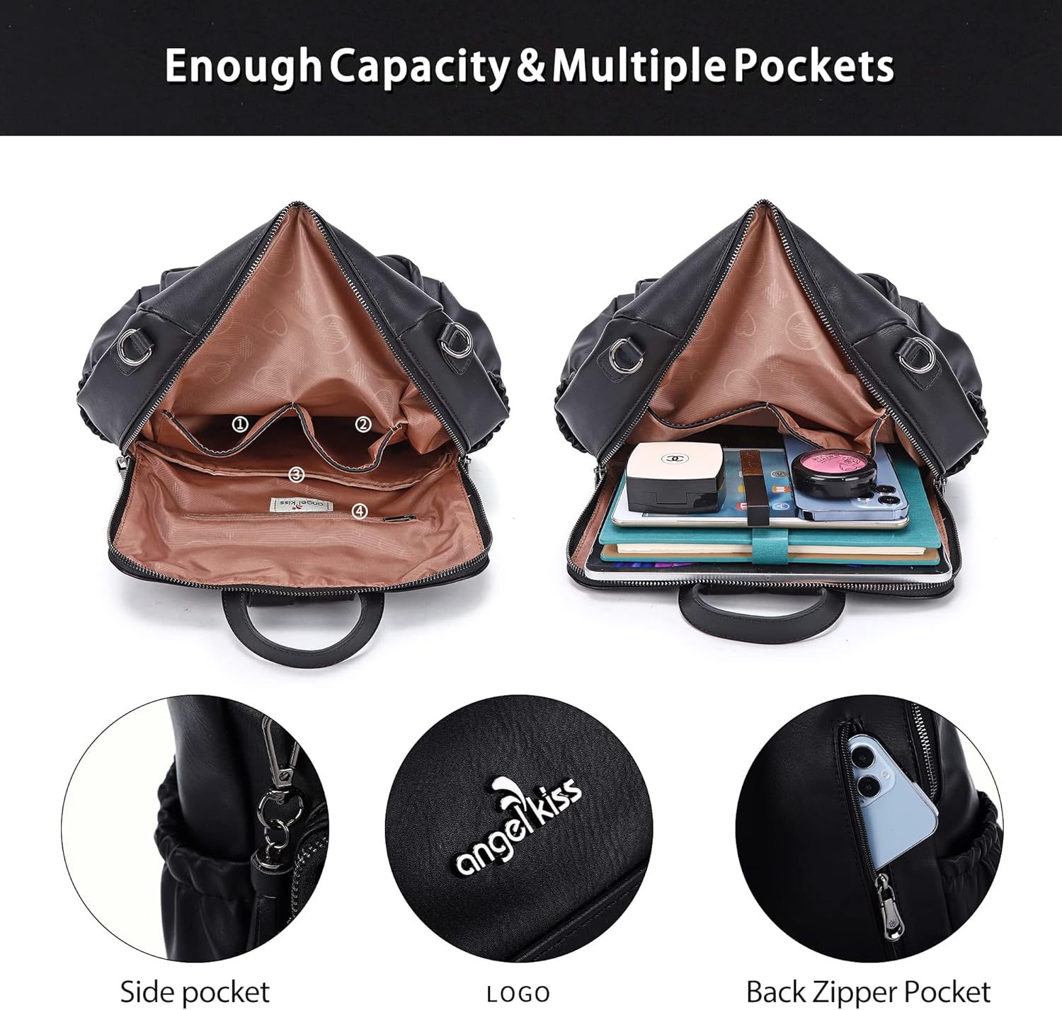 Angel Kiss Women's Backpacks & Purse - PU Leather Zipper Casual Backpacks & Shoulder Bags - Image 3