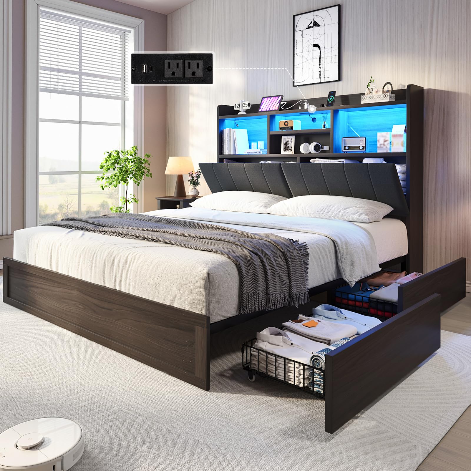 LUXOAK Queen Farmhouse Bed Frame with Bookcase Headboard and 4 Drawers, LED Storage Bed with Charging Station & Linen Upholstered, No Box Spring