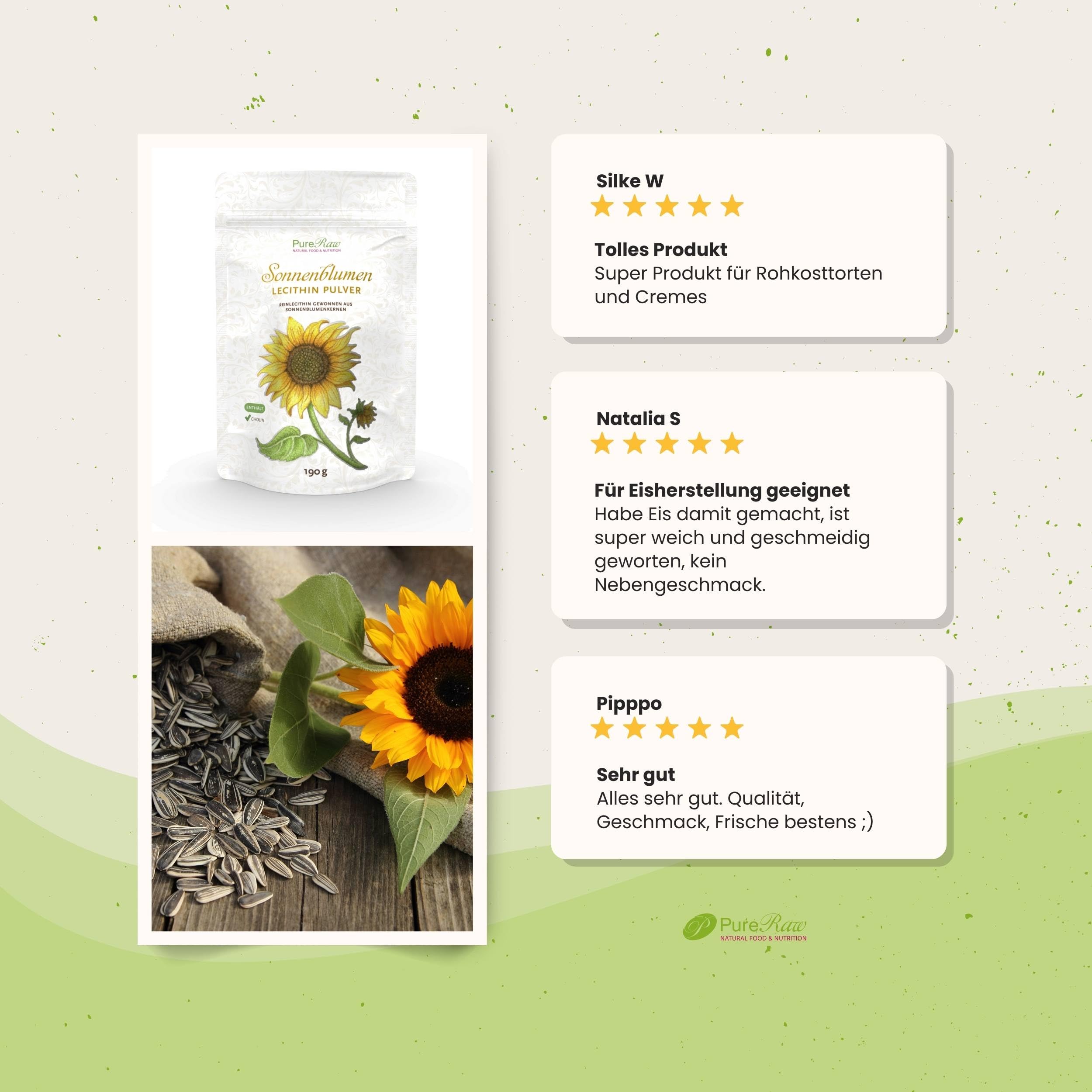 Sonnenblumen Lecithin Pulver zum Kochen & Backen - Sonnenblumenlecithin Pulver, Veganes Cholin Emulgator Feines Granulat - Sunflower Lecithin Powder I PureRaw 190g