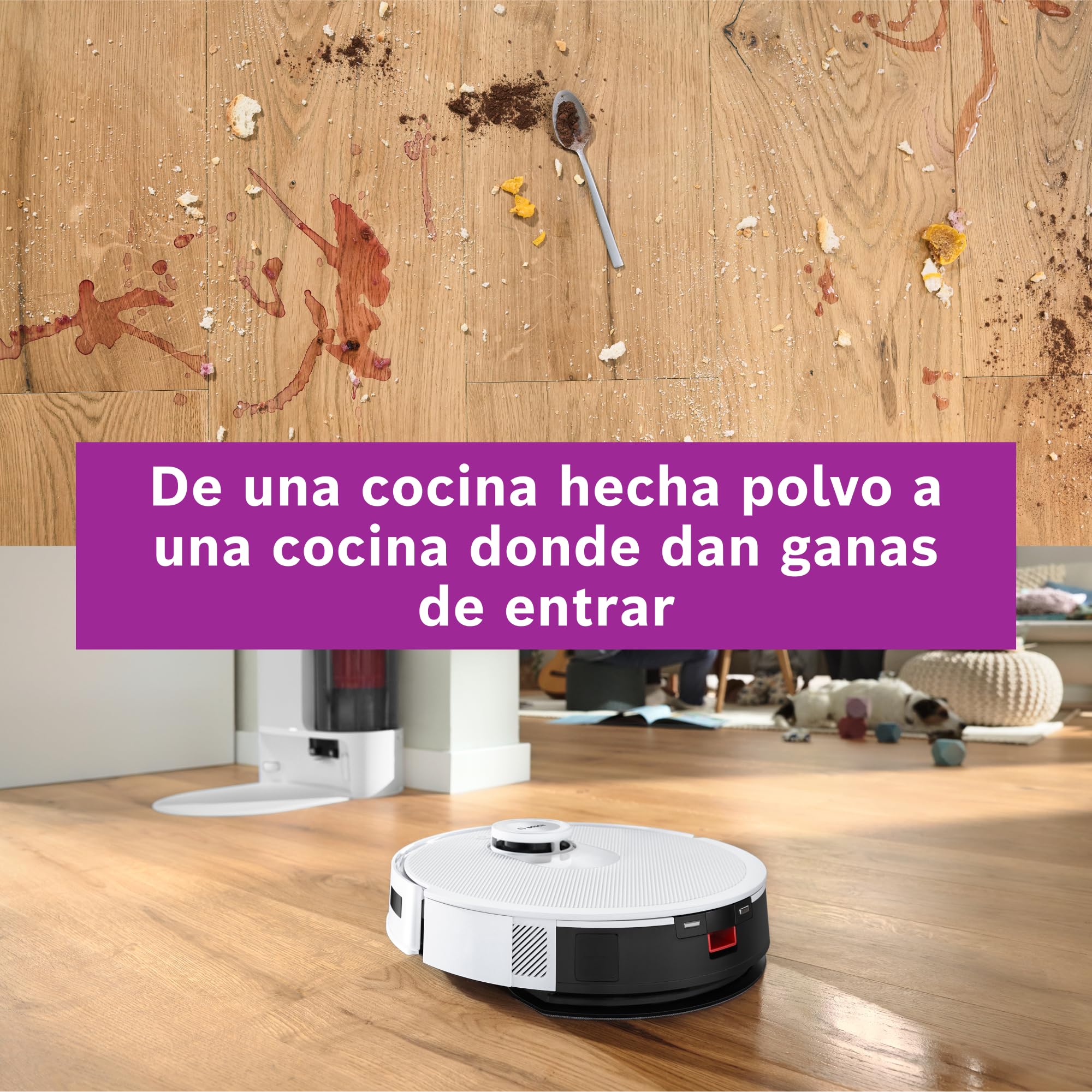 Bosch - Robot Aspirador Spotless +, aspira y friega, Potencia 11.000 Pa², Almohadilla húmeda Fija, estación Seca, Sistema Inteligente de visión por Infrarrojos, Bosch Home Connect App, Blanco, BCRD1W