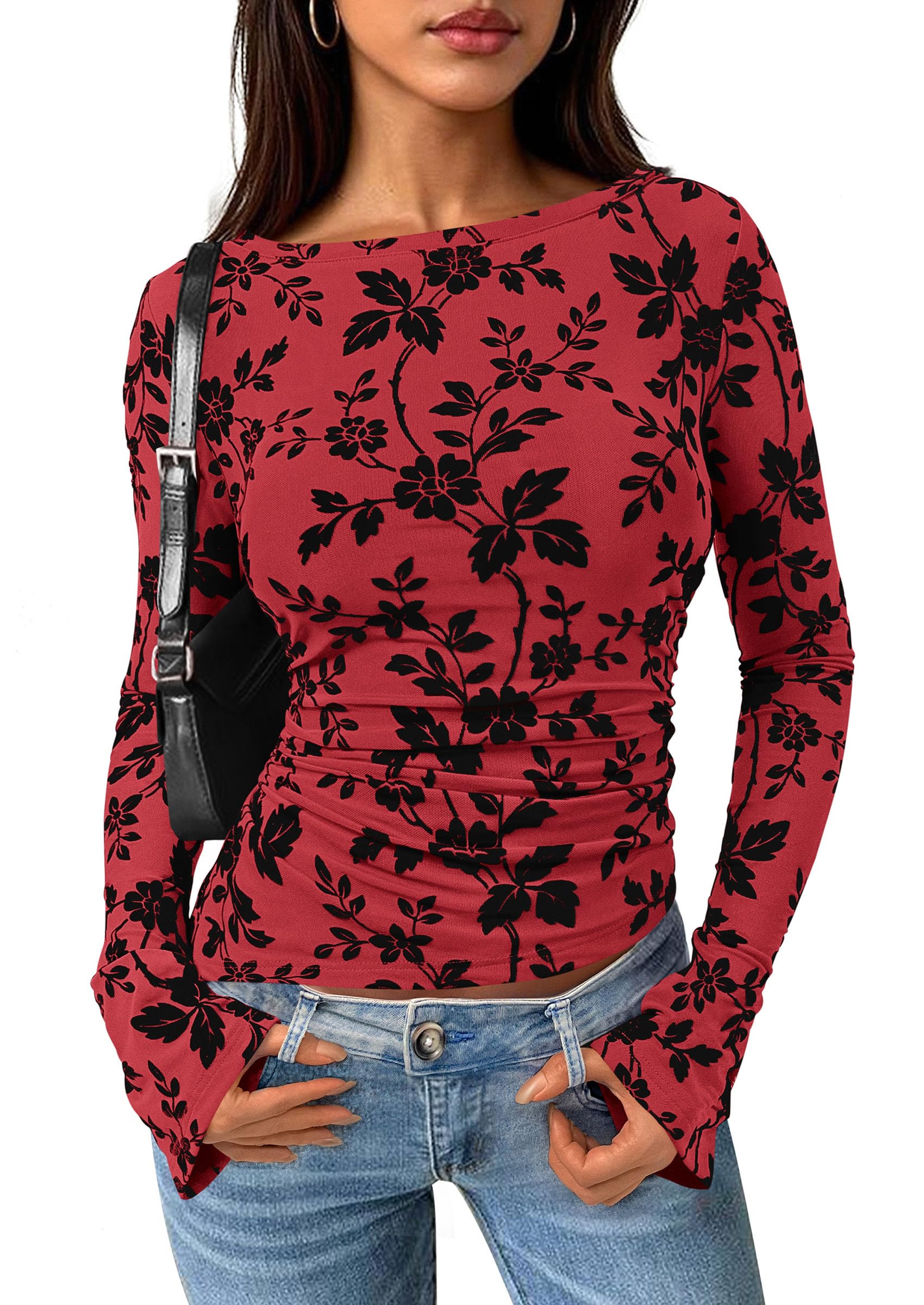 PRETTYGARDEN Women Long Sleeve Floral Mesh Tops Blouse 2026 Spring Trendy Boat Neck Ruched Fitted Shirt Going Out Date Outfit