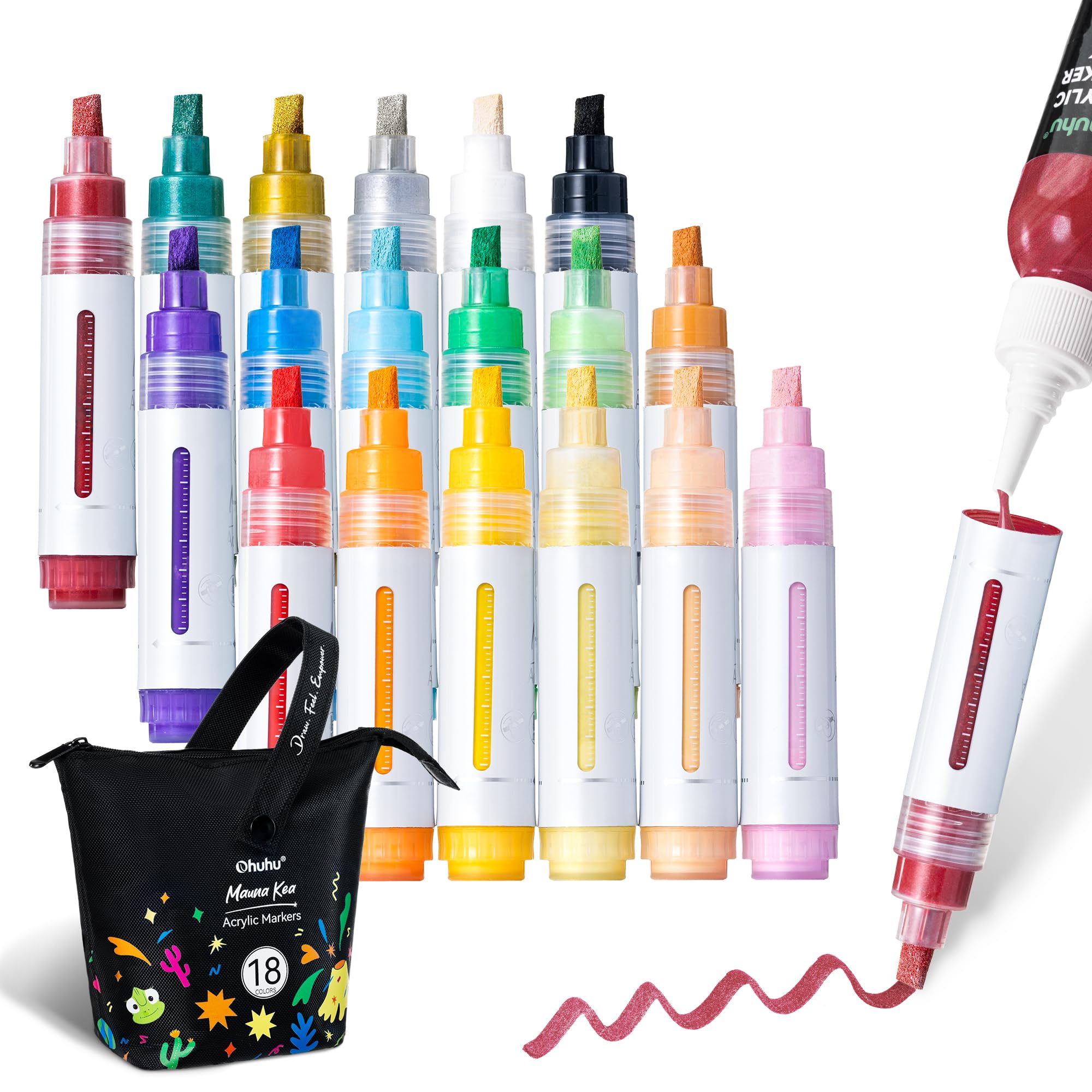Ohuhu Rotuladores Acrílicos Recargables 18 Colores, Punta Biselada 7mm Reversible, Impermeables y Resistentes a la Luz para Póster, Cerámica, Vidrio, Madera, Plástico, Metal - Mauna Kea