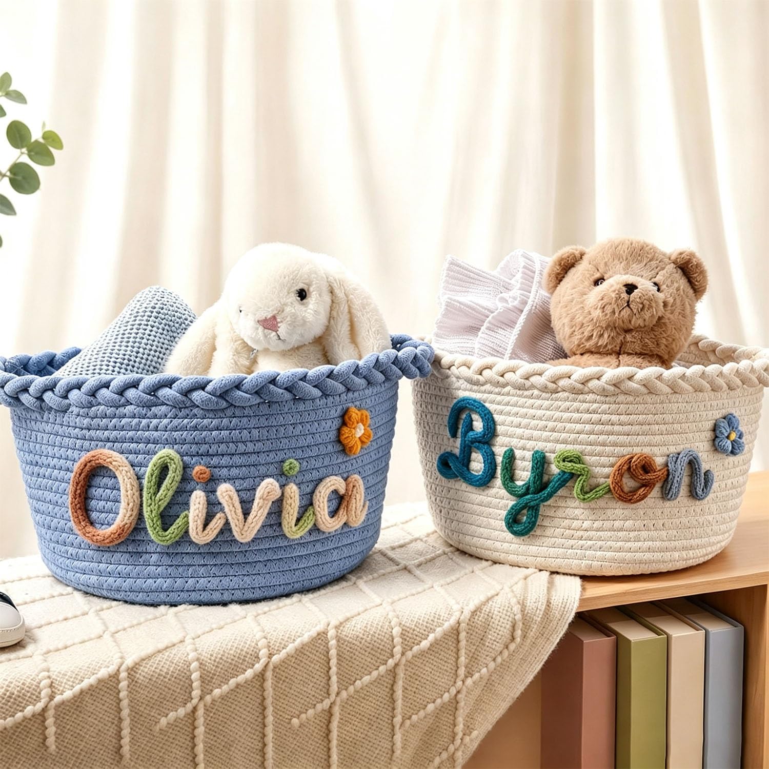 Custom Handwoven Cotton Rope Basket With Name For Baby Nursery Storage