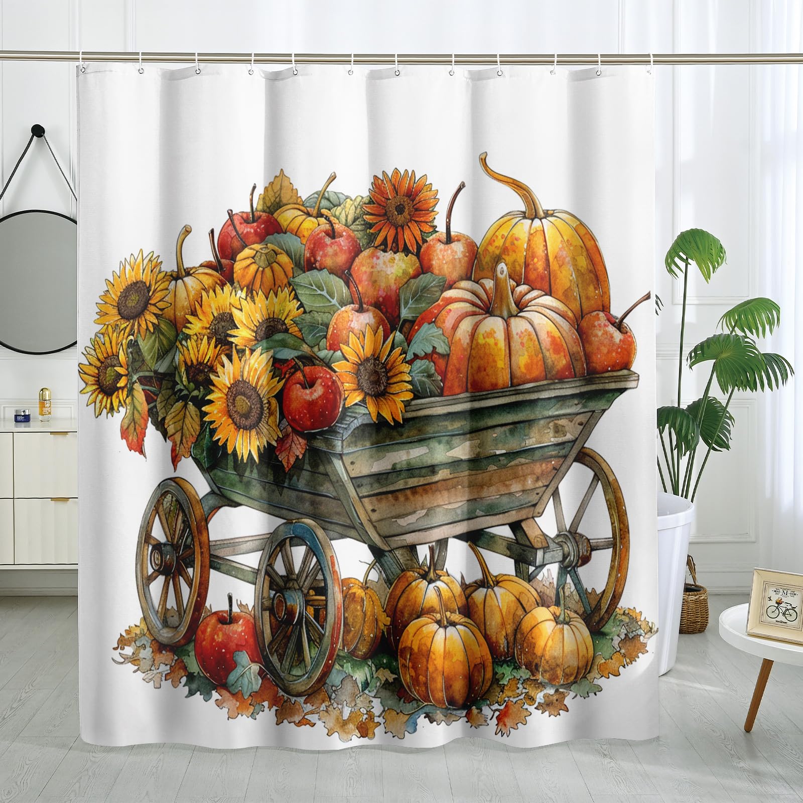 Duschvorhang Mit Niedlichem Hochlandkuh, Aquarell, Herbst-Kürbis, Badezimmer -Dekor, Herbst, Saisonal, Gemütlich, Bauernhaus-Stil, Wasserdichter Stoff, Duschvorhang-Set Mit Haken, 183 X 190 Cm