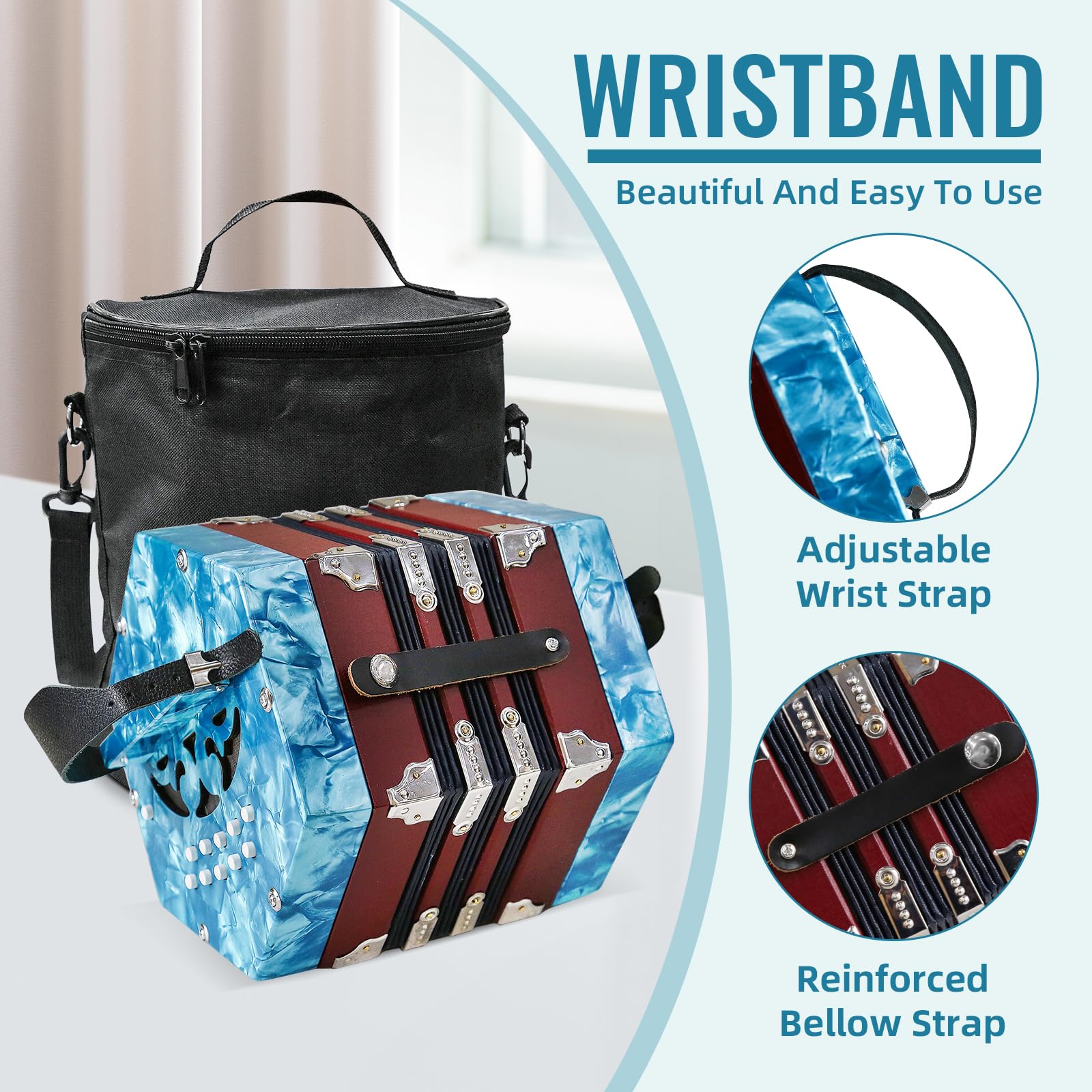 Concertina a fisarmonica a 20 tasti, per adulti, fisarmonica professionale per principianti, cinturino da polso regolabile, accessori per strumenti musicali con custodia per il trasporto, armonica a