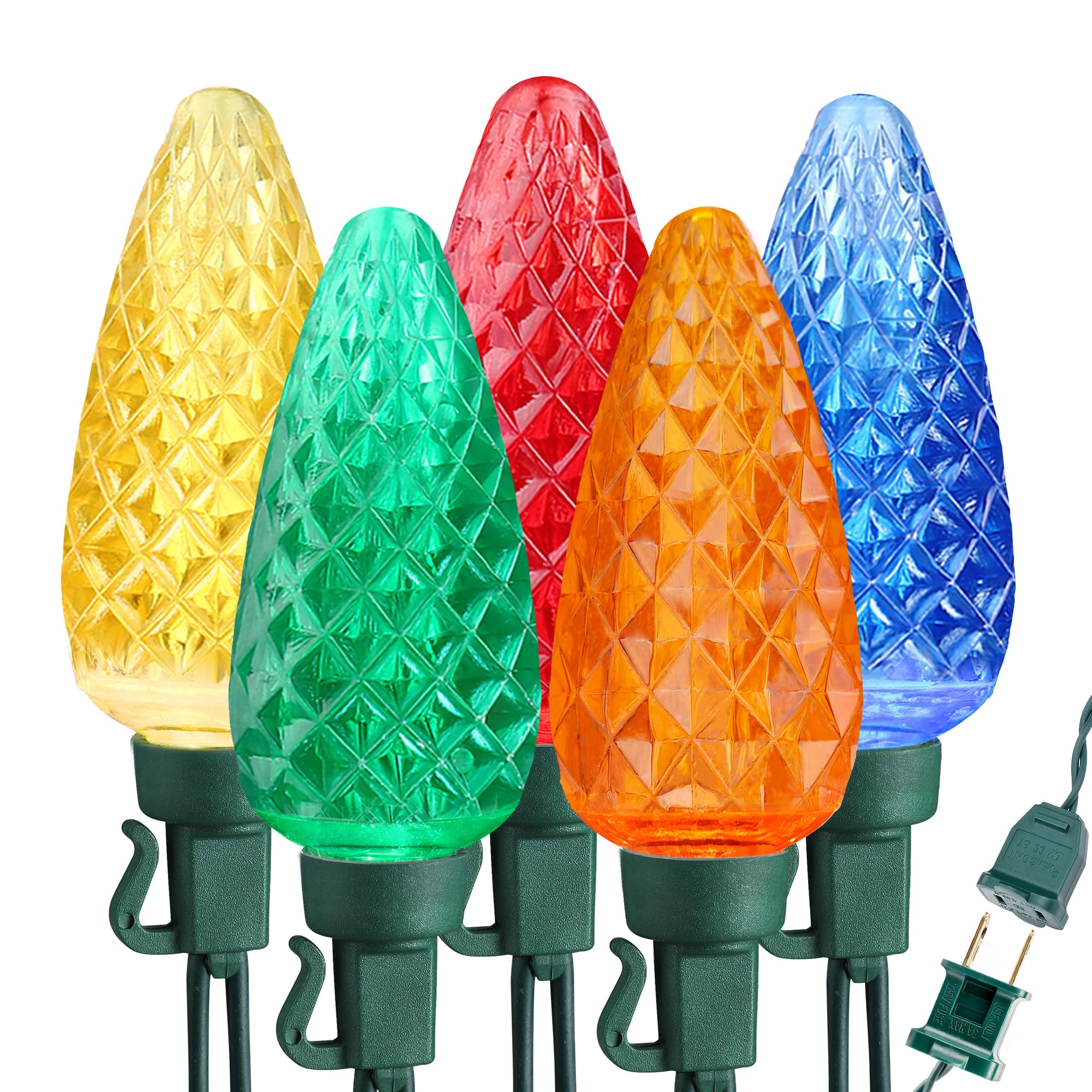 BrizledColored Christmas Lights, 33ft 50 LED C9 Faceted Christmas Outdoor Lights, 120V UL Certified Tree Light, Connectable Xmas Roof Light for Christmas Tree Garden Yard Party Patio House Decor
