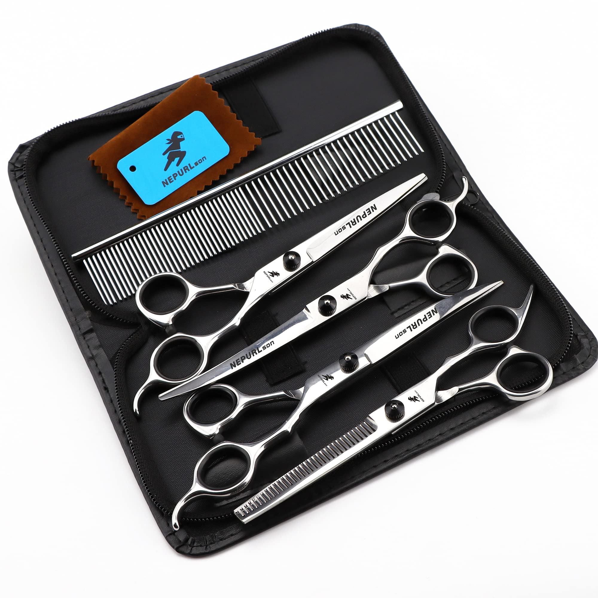 Nepurlson 7.0-4 In 1 Set-1 6.0/7.0Inch Pet Grooming Scissors Stainless Steel Cats And Dogs Hair Seam Scissors Up And Down Curved Scissors Sharp Haircut Pet Tool Set (7.0-4 In 1 Set-1)