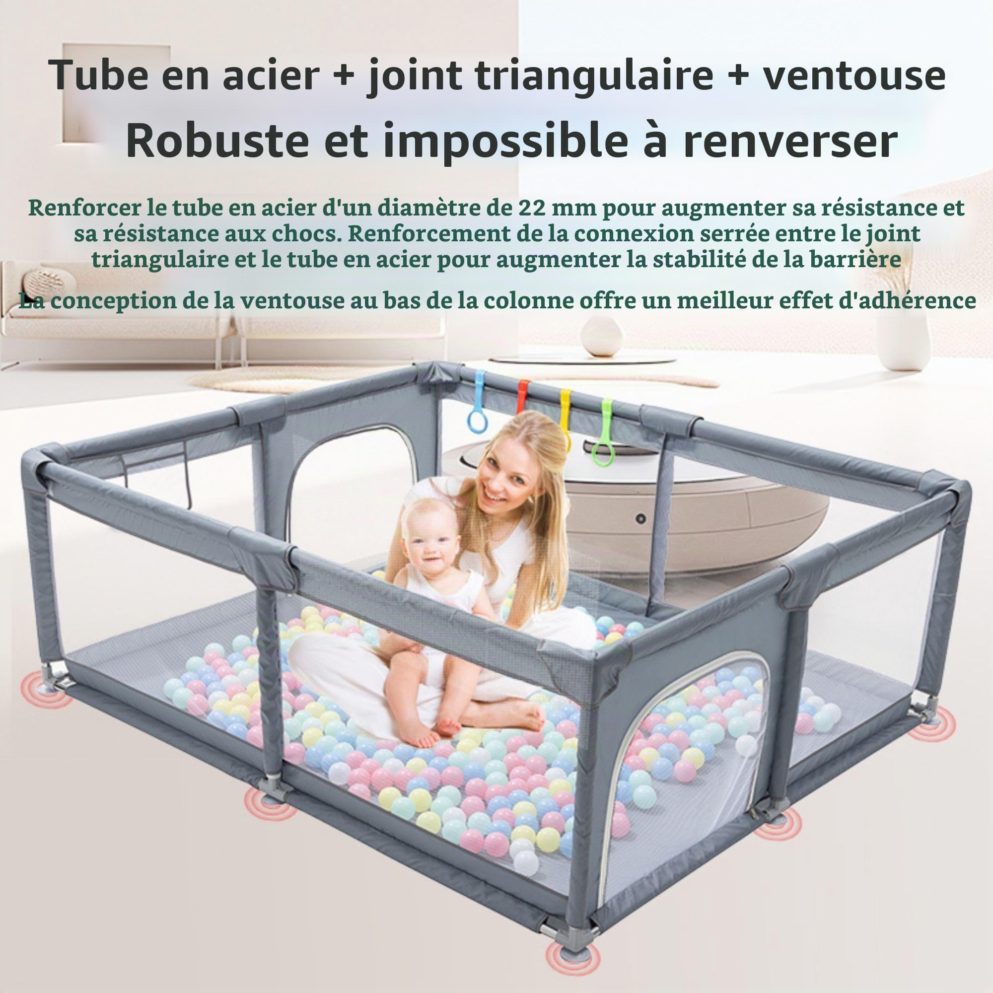 YAZOCO Parc Bébé,120x180cm, modulable, grand parc pour enfant en bas âge, Balle marine sac de rangement, crochet, pour la maison (120x180cm)