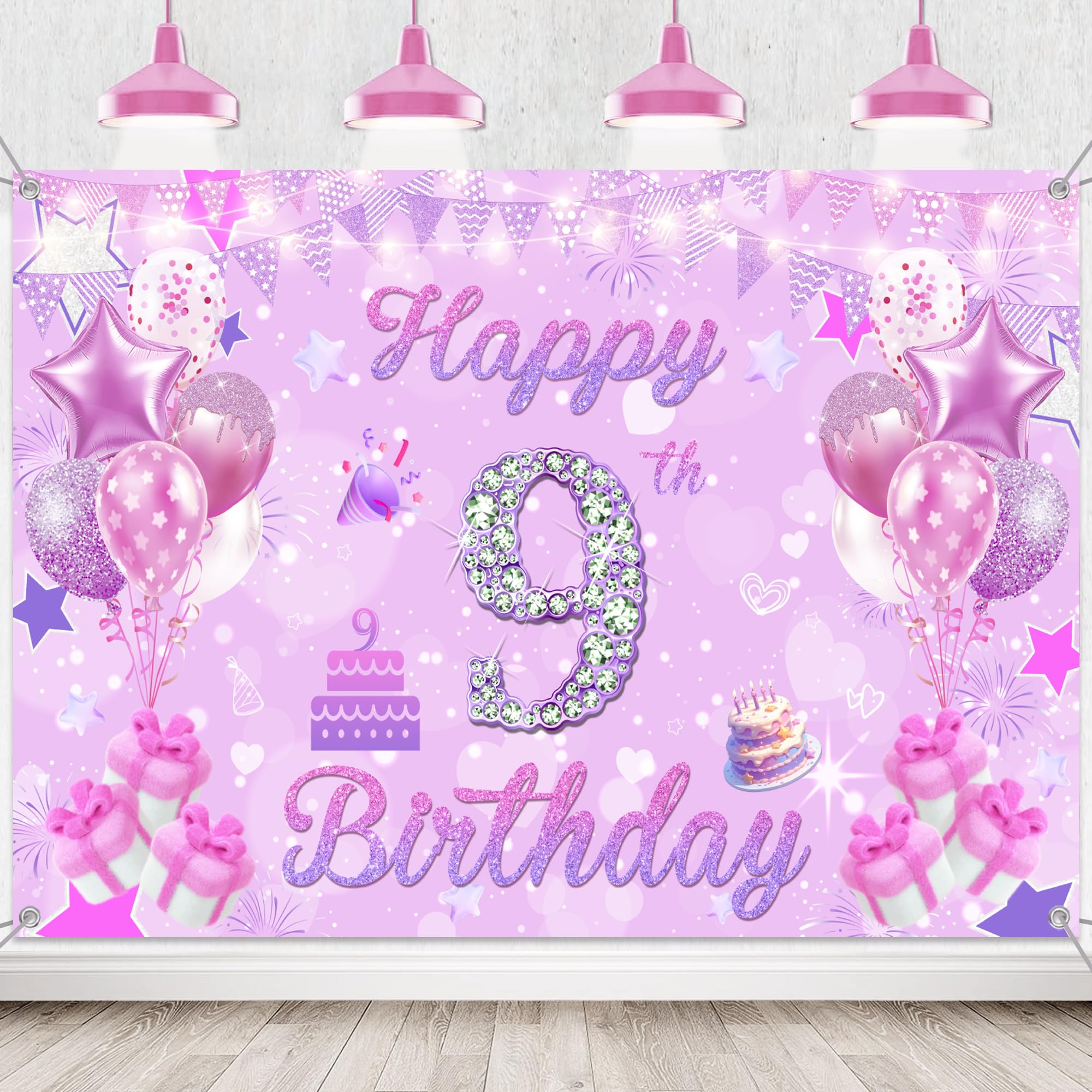 9th Birthday Decorations Banner Backdrop, Happy9 Years Old Party — image 1