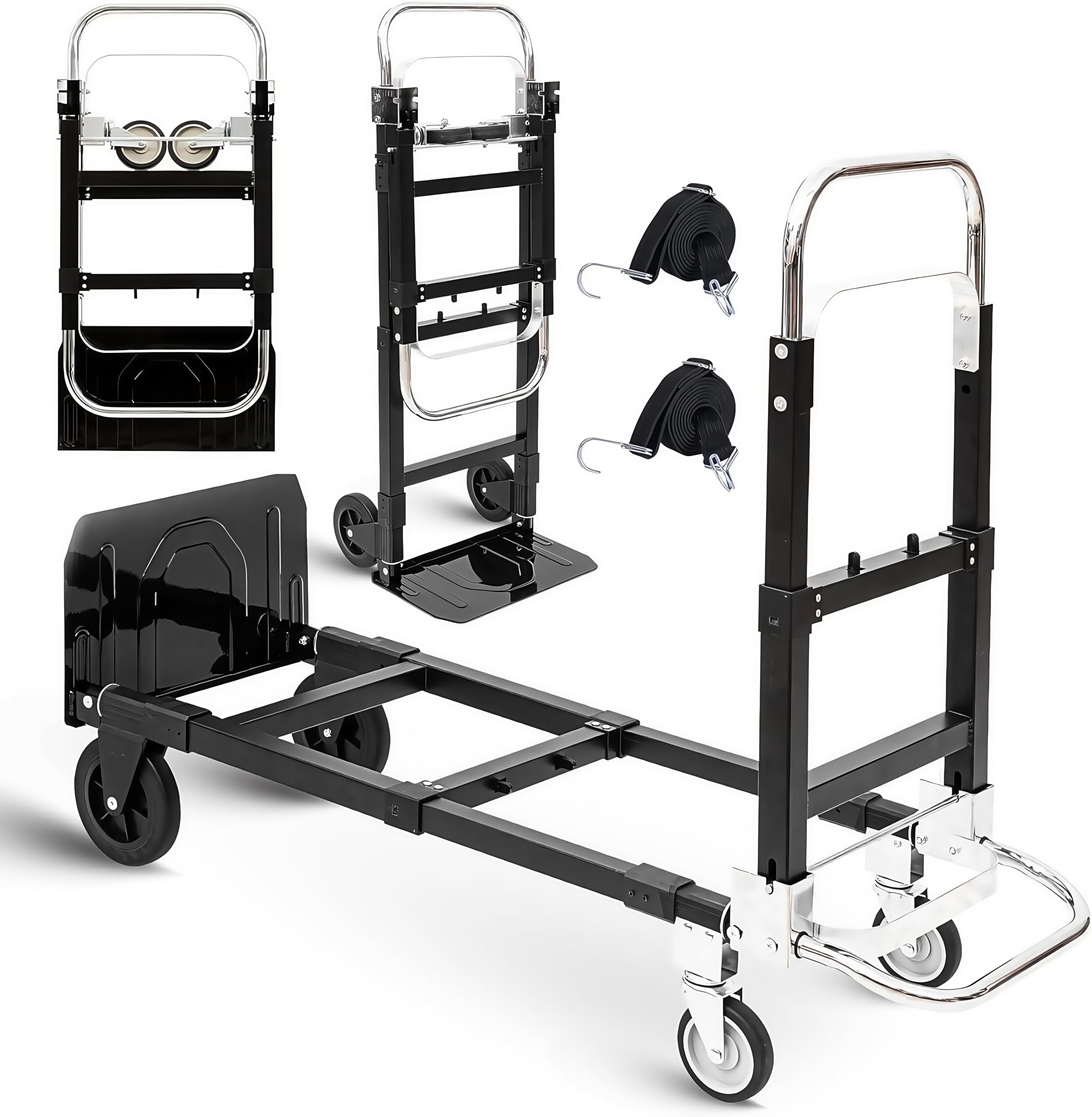 3 w 1 Heavy Duty Cabrio Ręczny Wózek Dolly, Składany wózek z kółkami, nośność 272 kg do transportu w magazynie, supermarkecie, sprzęcie (czarny)