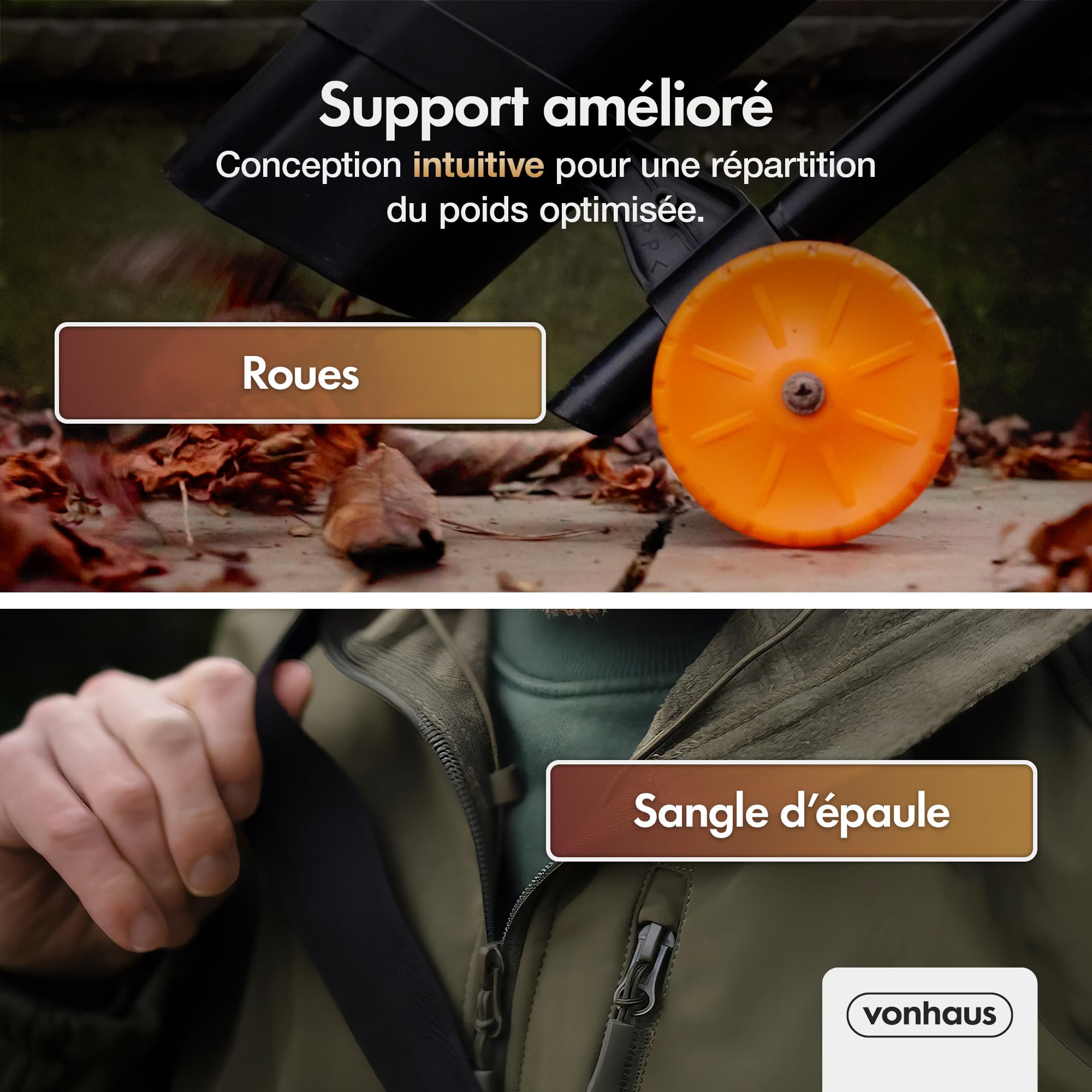 VonHaus Aspirateur Souffleur de Feuilles 3 000 W - Aspirateur Ramasse Feuilles Filaire, Nettoie Les Jardins, Gouttières, Allées, etc. - Bandoulière, roulettes, 35L Collection Sac
