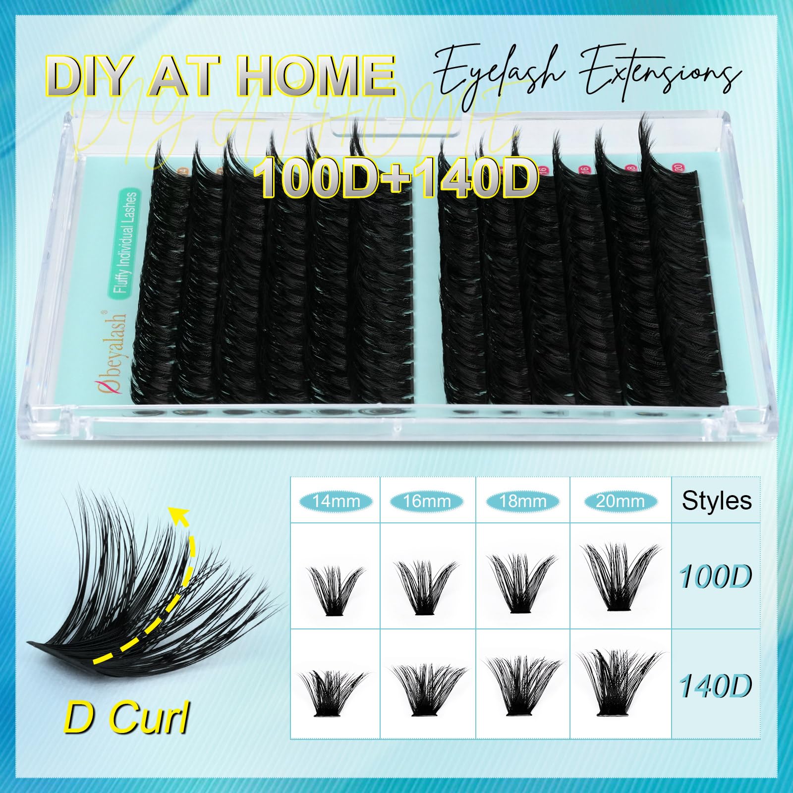 Thick Cluster Lashes D Curl 100D+140D 168pcs Volume Eyelash Individuals 14-20mm Fluffy Individual Lashes DIY Eyelash Extensions by Obeyalash (100D+140D D Curl 14-20mm) - Image 4
