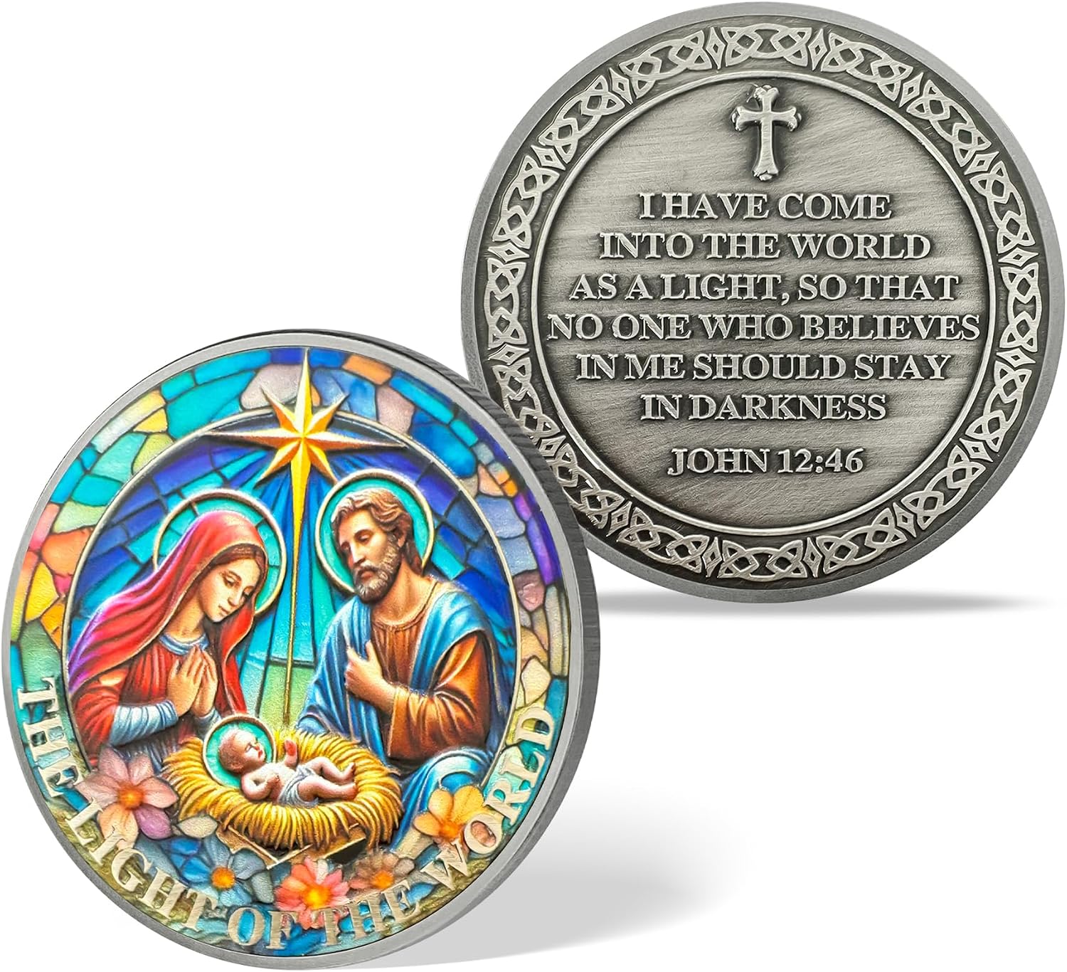 Christian Nativity Challenge Coin – The Light of The World Religious Token with John 12:46 Scripture – Jesus Birth Scene Faith Gift for Believers, Christmas, Baptism & Inspiration