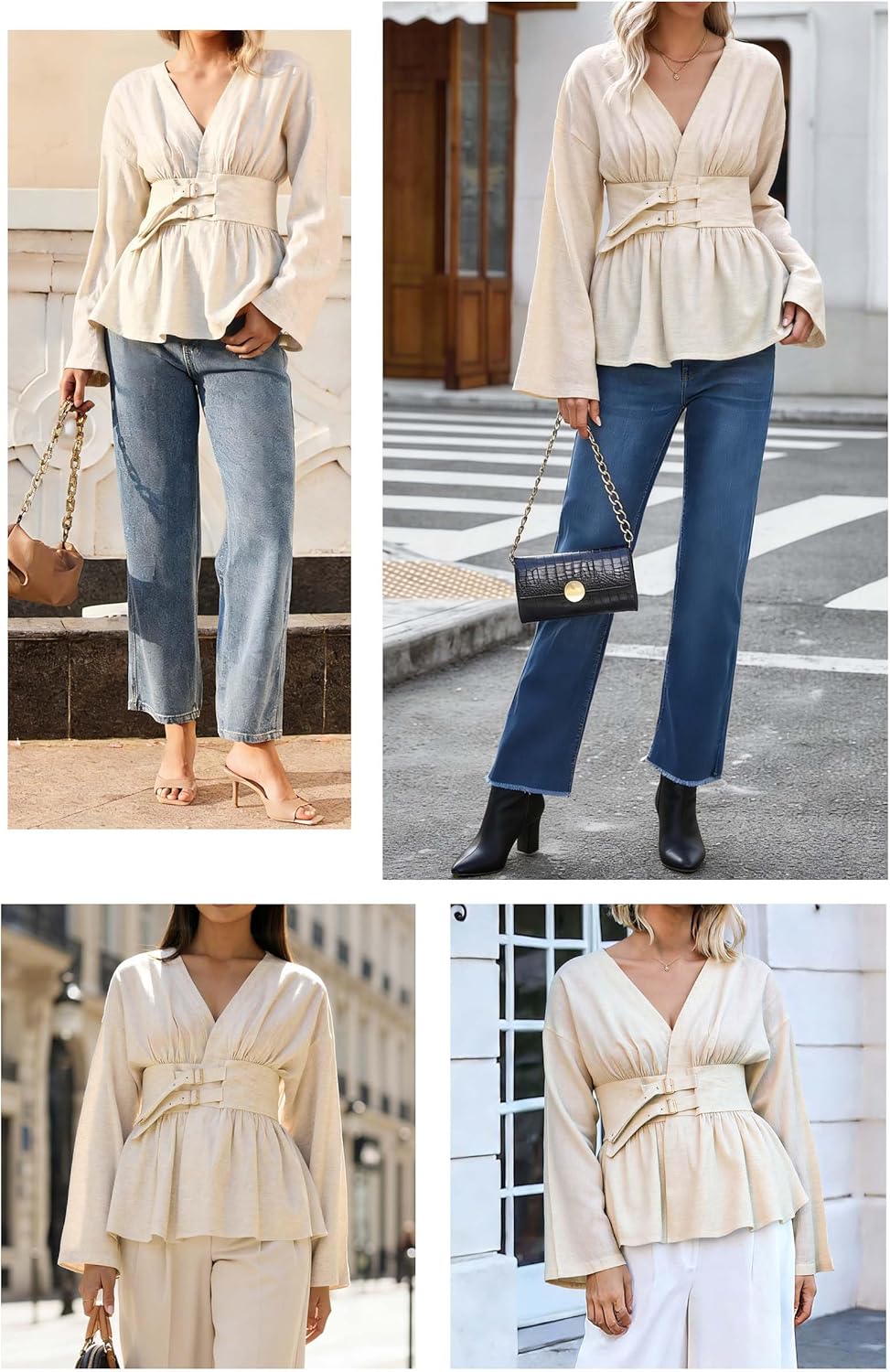 HERYEA Women's V-Neck Linen Blouse - Long Sleeve Double-Buckle Belt Shirt Casual Top - Image 6