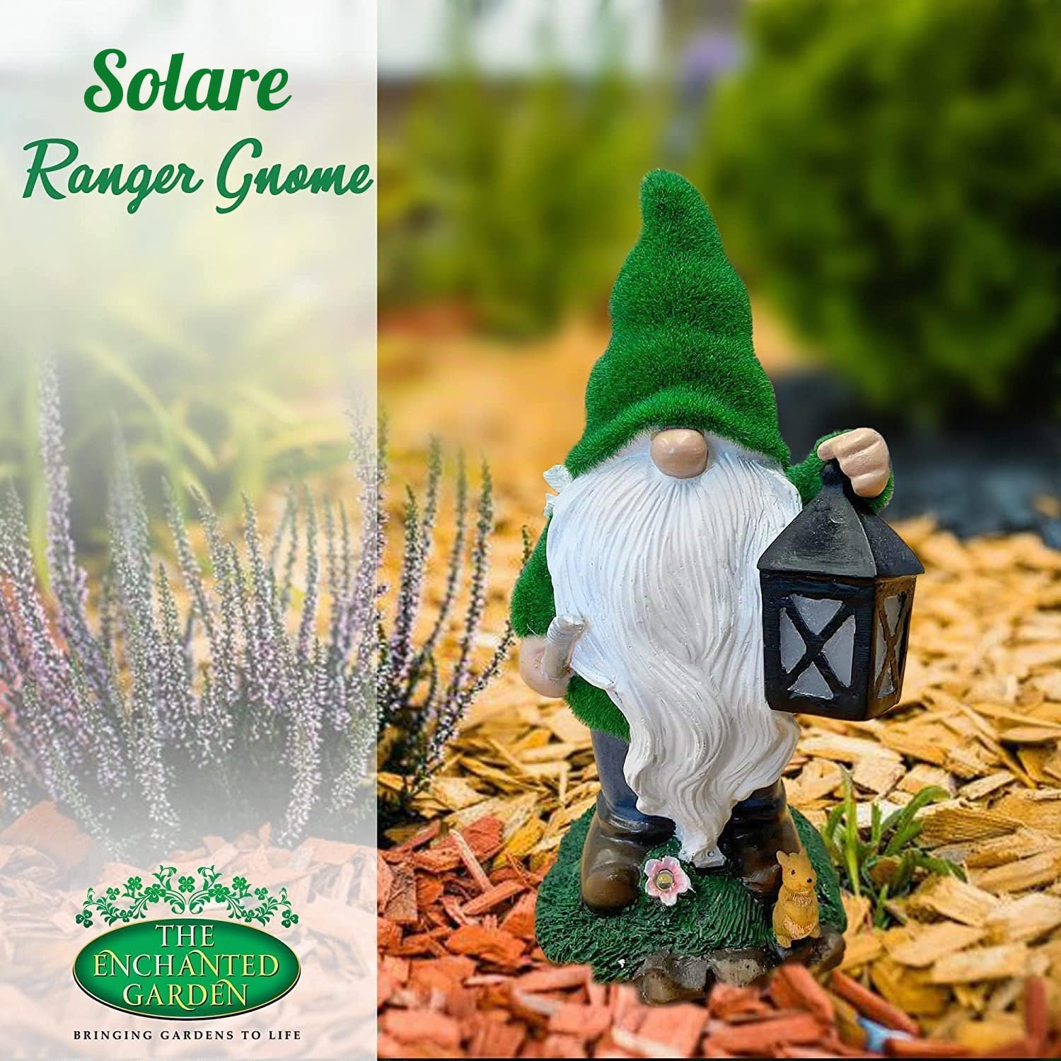 The Enchanted Garden Statua di gnomo Ranger per esterni, statuetta in resina per esterni, alimentata a energia solare, luci LED per patio, prato, cortile, decorazione