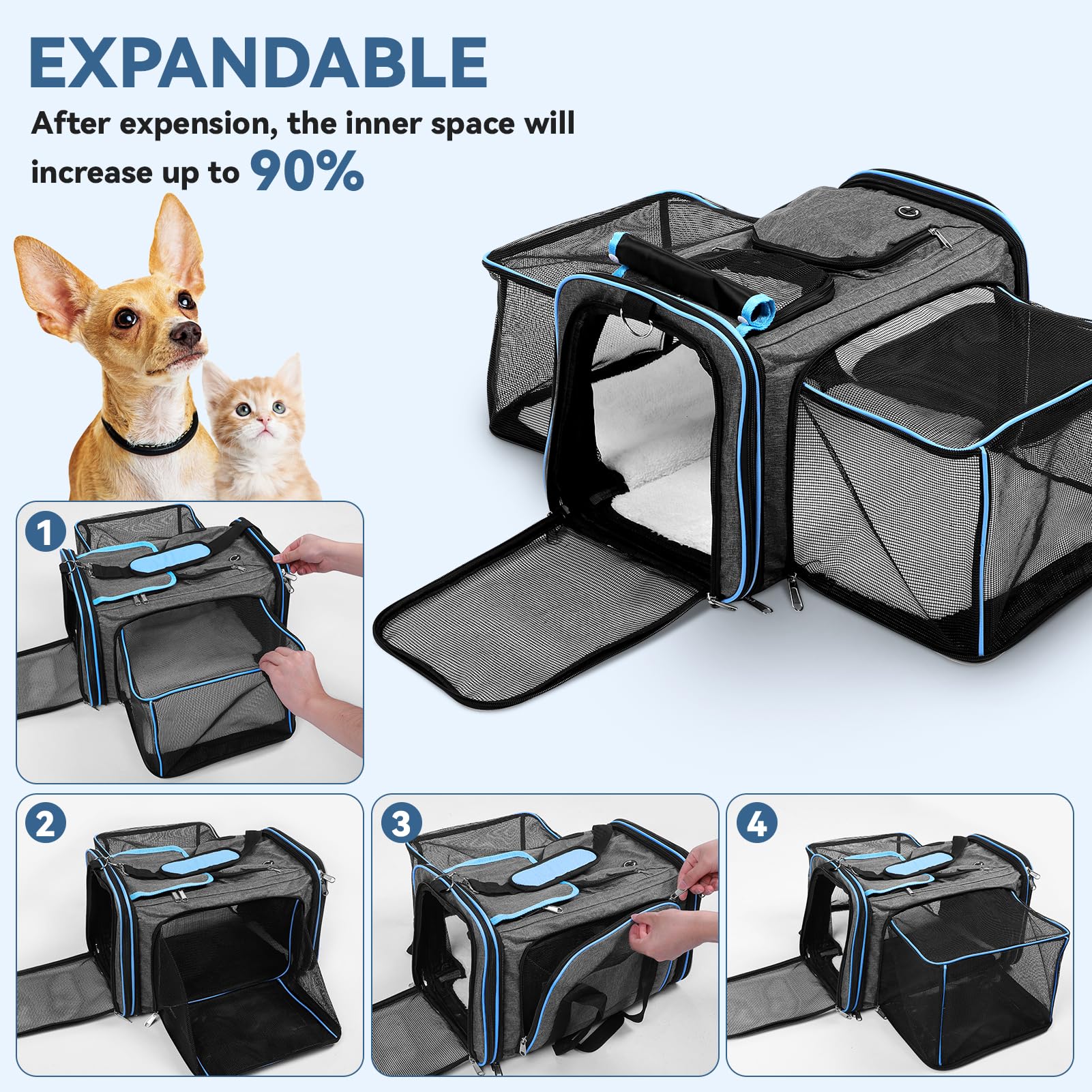Erweiterbar Hunderucksack-Hunderucksack Bis 15kg,Faltbare Katzen Rucksack Mit Innerer Sicherheitsleine Und Haustiermatte,Atmungsaktive Und Leichte Dog Cat Backpack,Grau(Max.15KG)