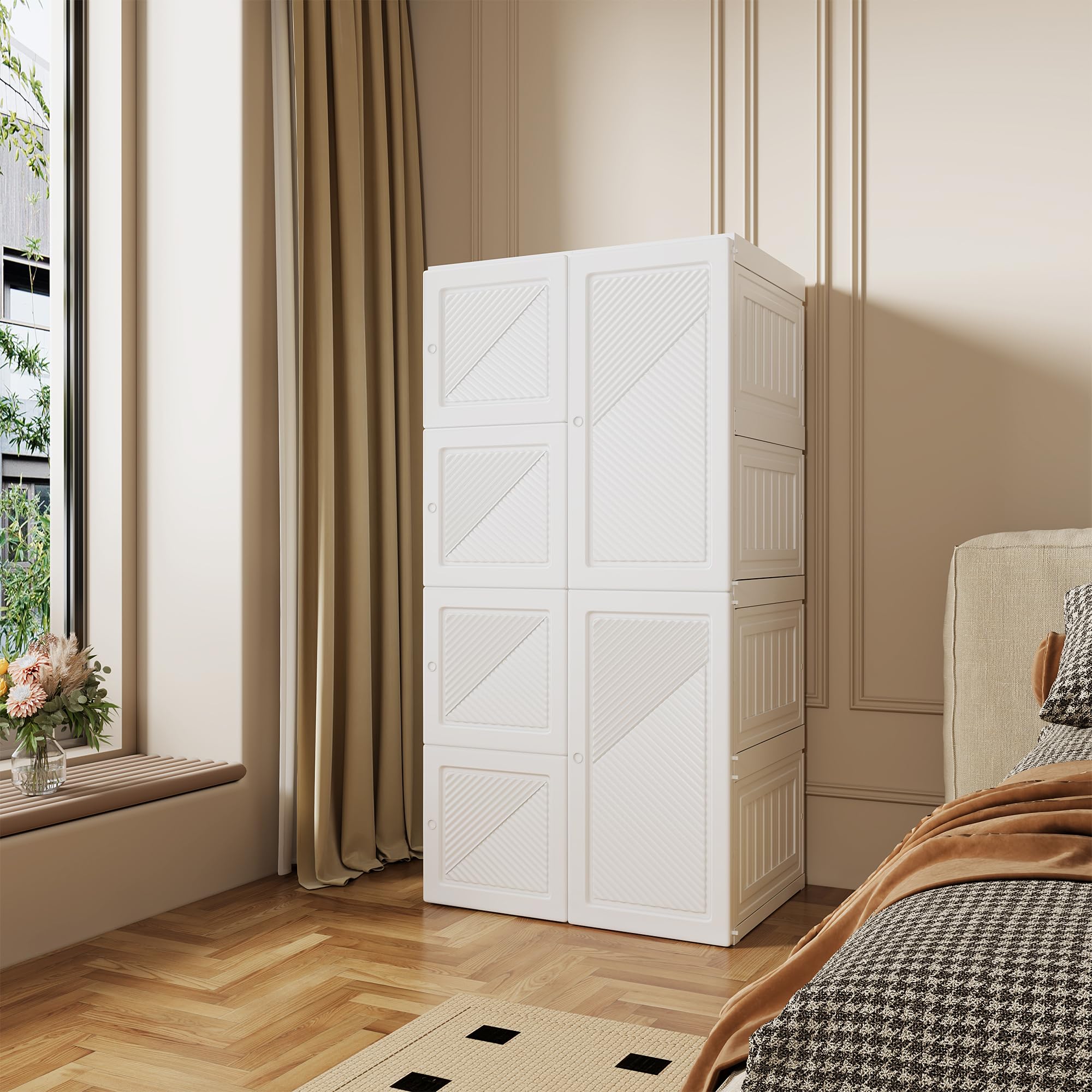 Armadietto portaoggetti bianco 69 x 50 x 136 cm, armadio guardaroba portatile, pieghevole, guardaroba con 5 piani, con asta per vestiti, per camera da letto organizer per vestiti
