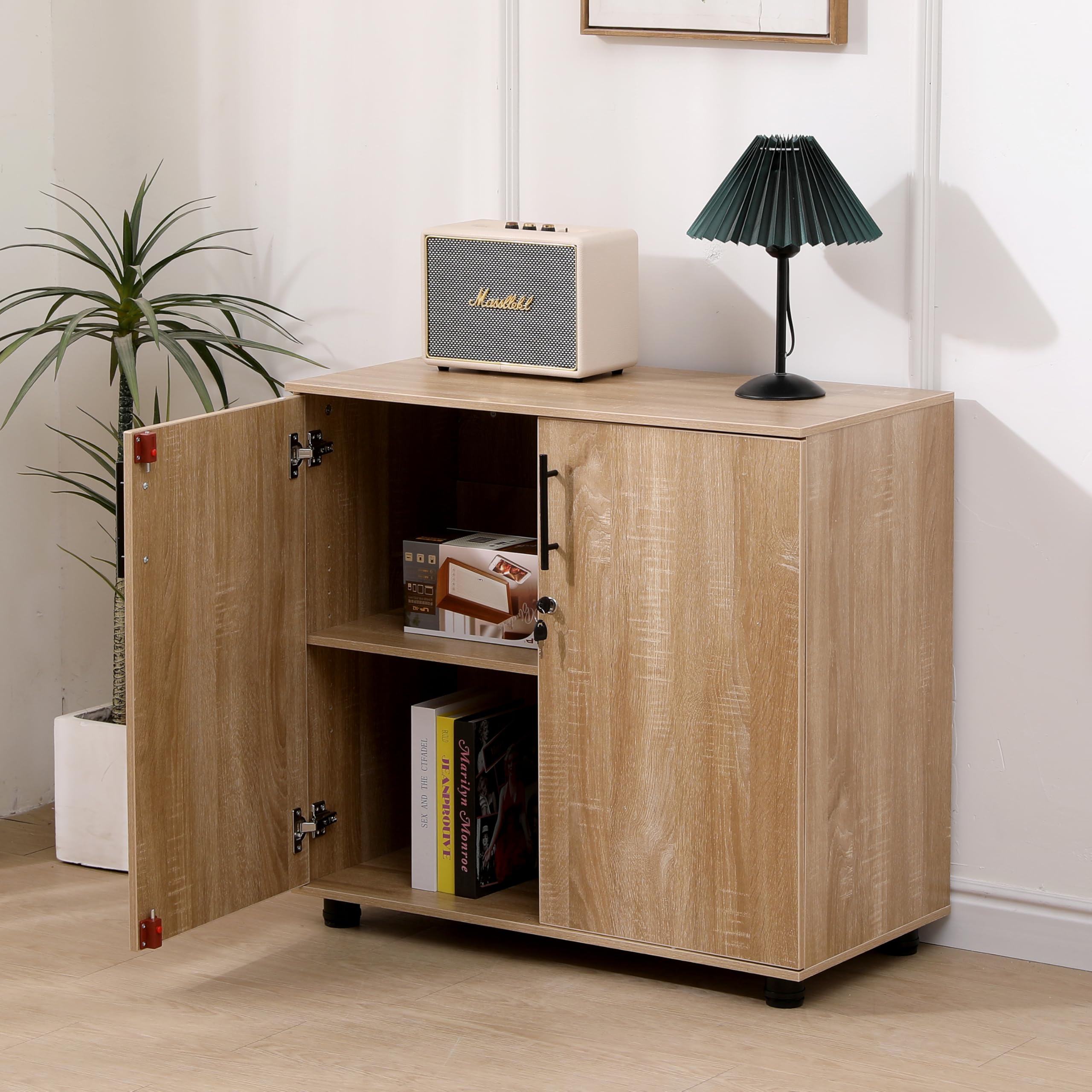 MMT Aufbewahrungsschrank aus Eiche, Büroschrank mit abschließbaren Türen, 75 cm hoch, Bücherregal aus Holz für Büromöbel und Garagenwerkzeugaufbewahrung, sichere Büroschränke für Dokumente