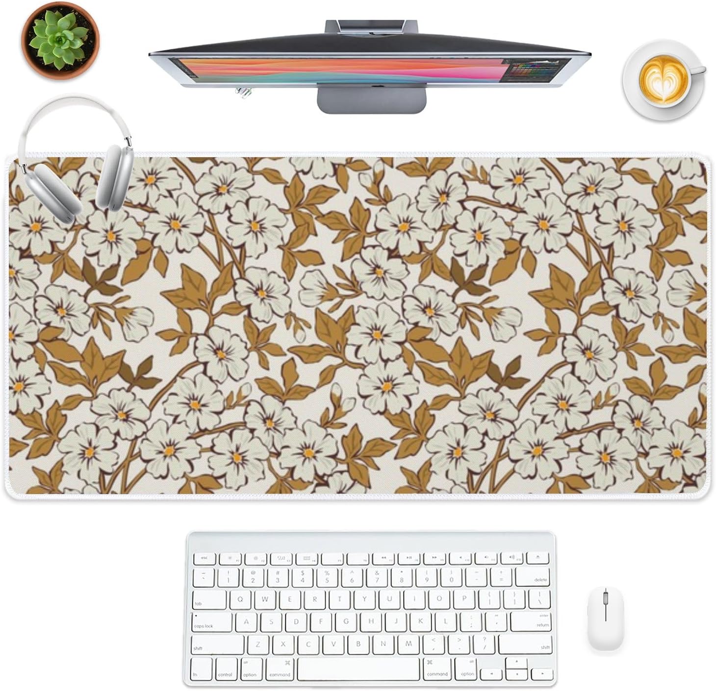 Vintage Gold Floral Pattern for Fall Mouse Pad Large Gaming Keyboard with Non- Slip Rubber Base Smooth Face Pad for Keyboard and Mouse Table Mats