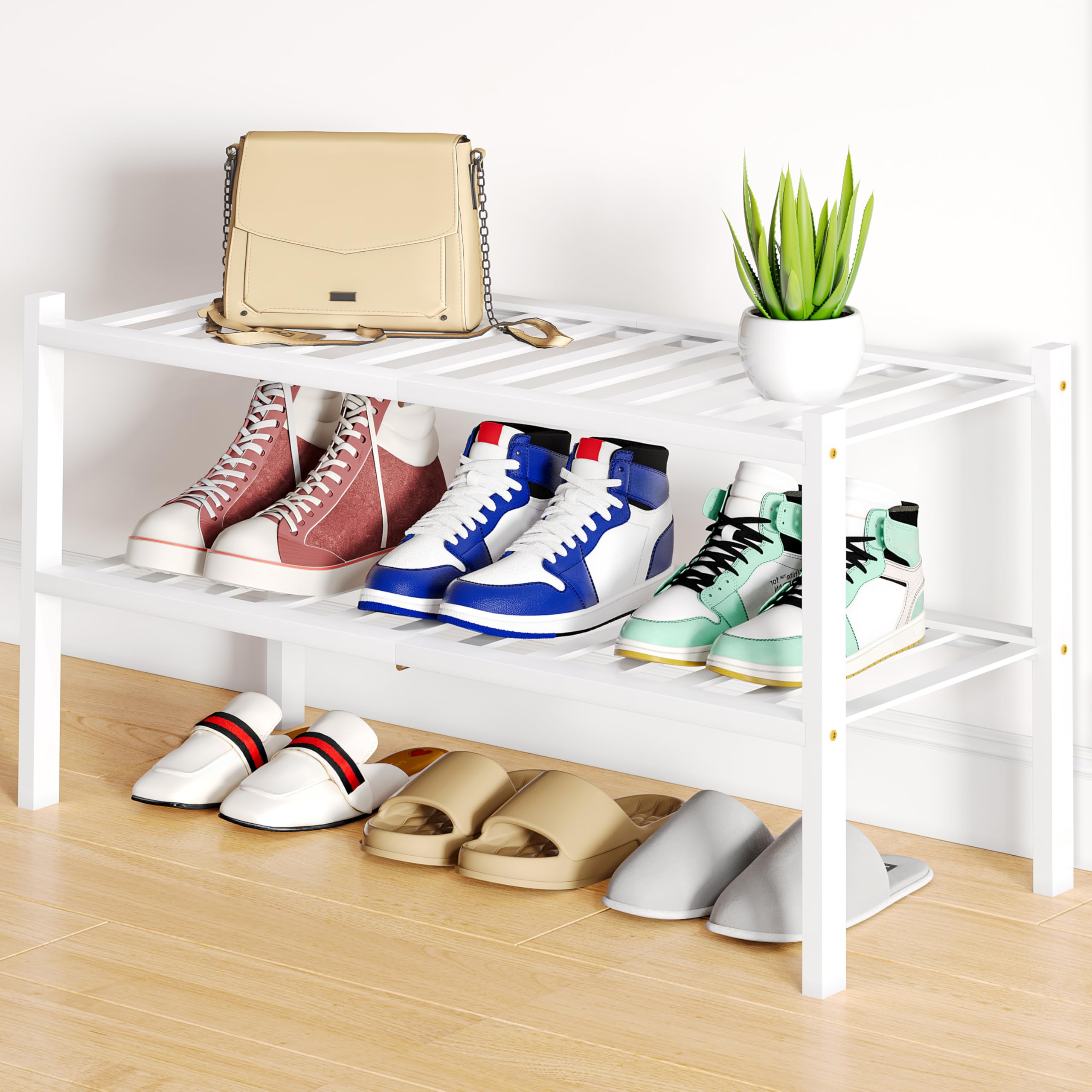 Smiry Bamboo Shoe Rack, 12 Vertical Slats, 2 Tier - 26.8" Wide, White