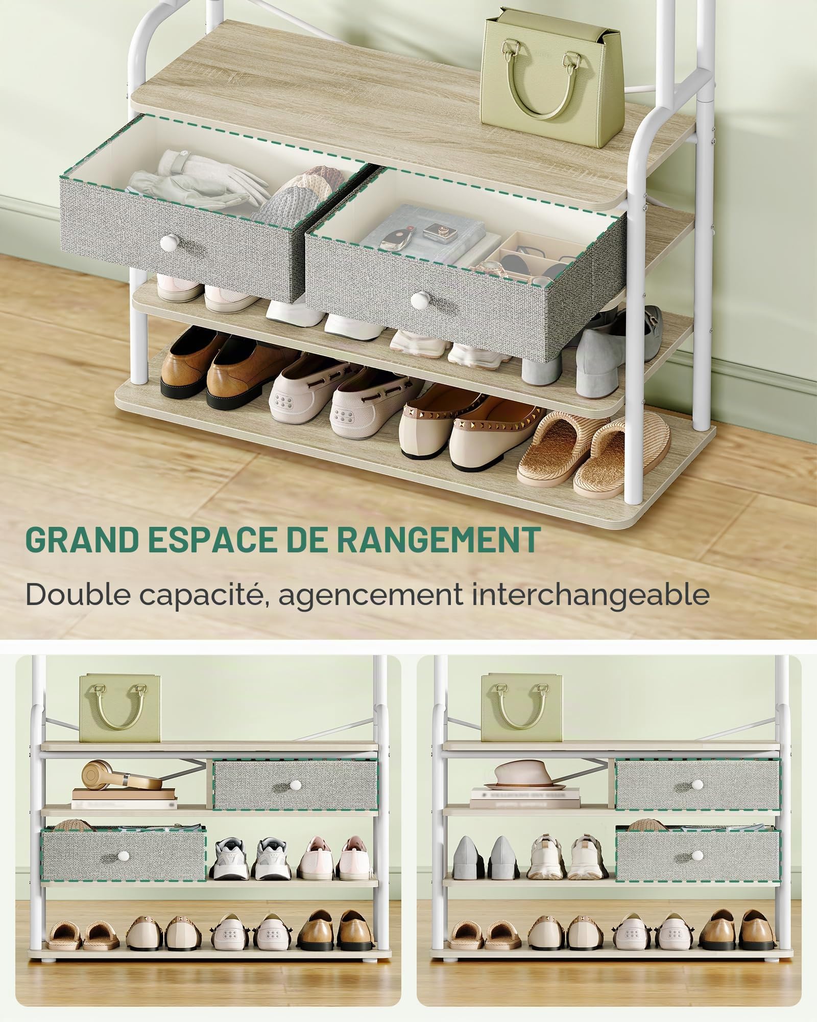 Hzuaneri Porte-Manteau avec 2 Tiroirs en Tissu, 9 Crochets, Chêne et Blanc | Meuble d'Entrée avec Porte-Chaussures, 30 x 80 x 180 cm, Moderner, Autonome pour Couloir, Séjour, Chambre, HT20116W