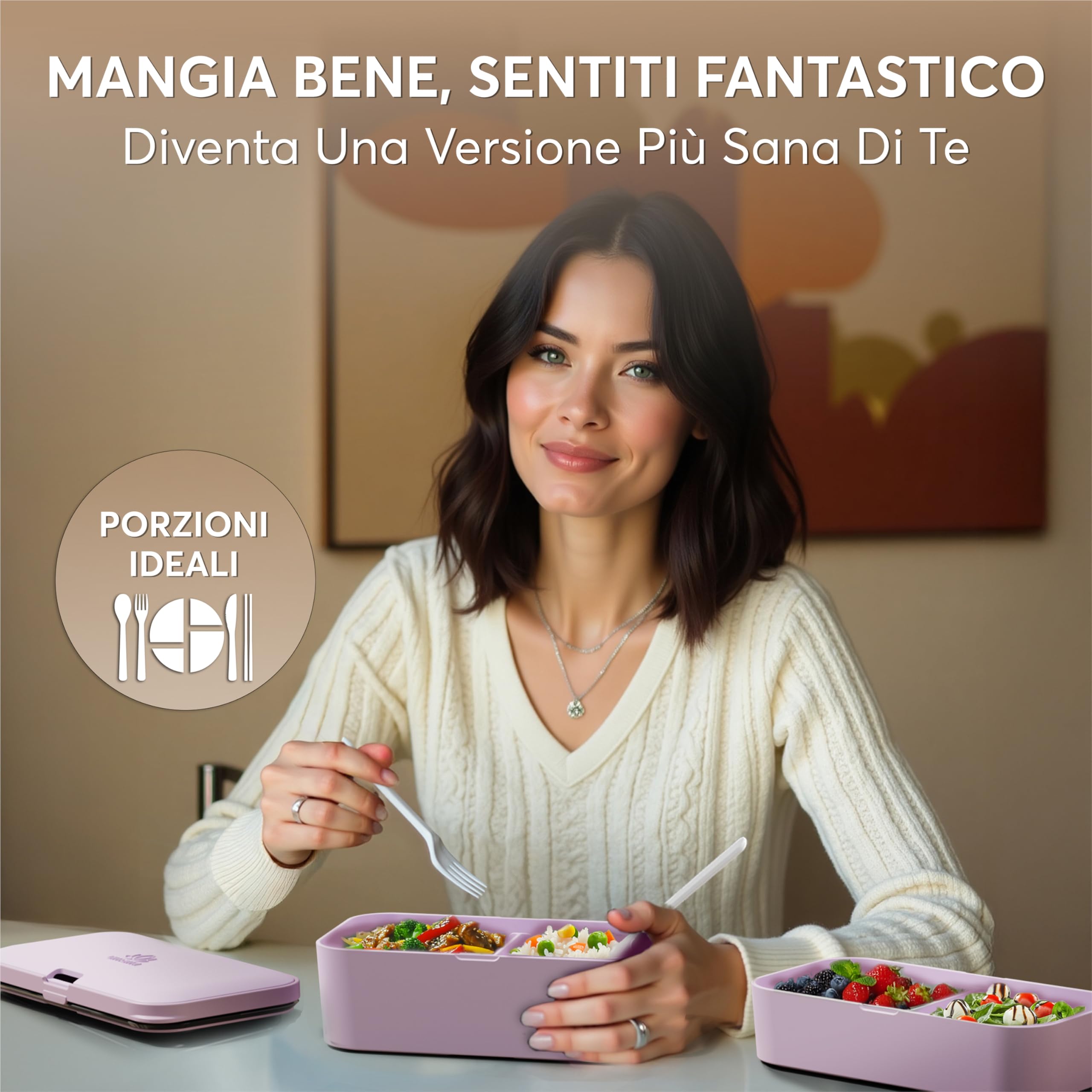 Umami Porta Pranzo Adulti Ermetico, Bento Box con Scomparti e 4 Posate | 1500 ml, impilabile e componibile, microonde e lavastoviglie, ideale per ufficio, picnic, schiscetta Lavanda Viola