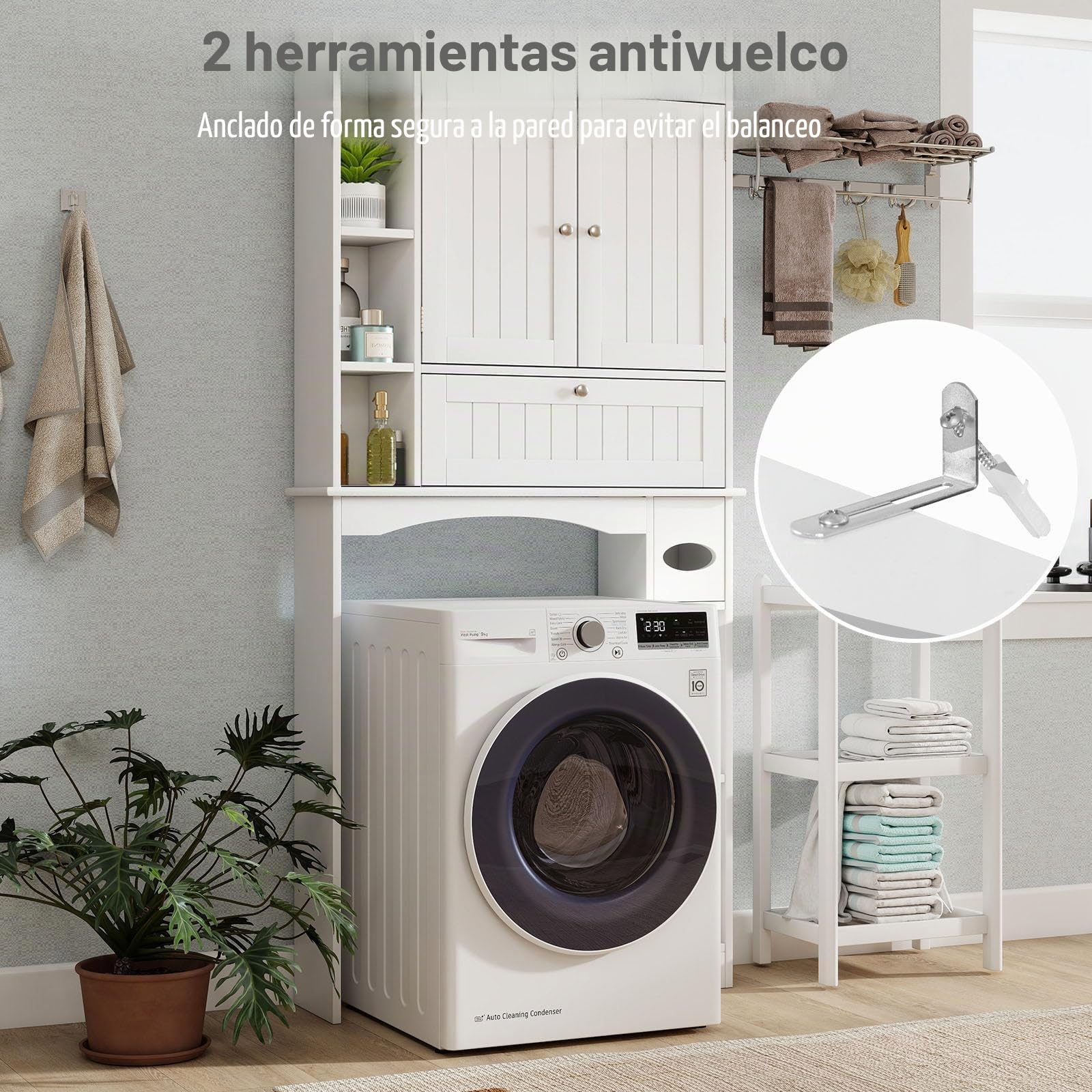 LIFEZEAL Estantería blanca para inodoro con 3 puertas y estantes ajustables, armario de baño independiente, armario de lavandería, 80 x 21 x 165 cm