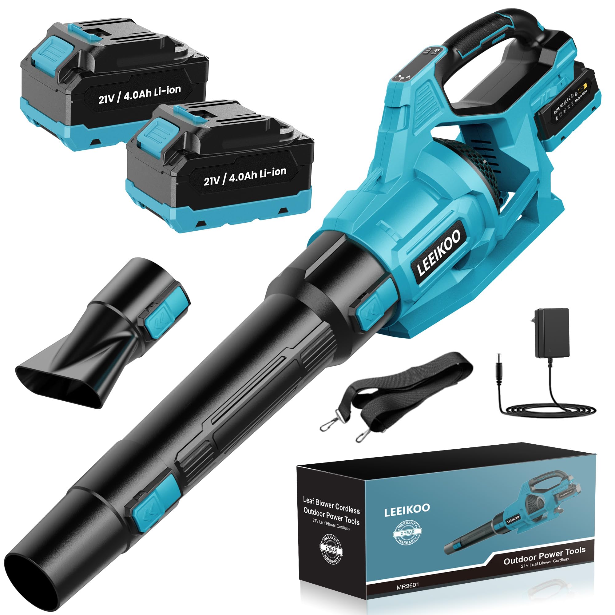 LEEIKOO Soffiatore a Batteria, 21V Soffiatore Foglie con 2 Batteria 4,0Ah, 3 Impostazioni di Velocità, 2 Tubi di Soffiaggio Staccabili, Cintura per Fango la Pulizia del Giardino