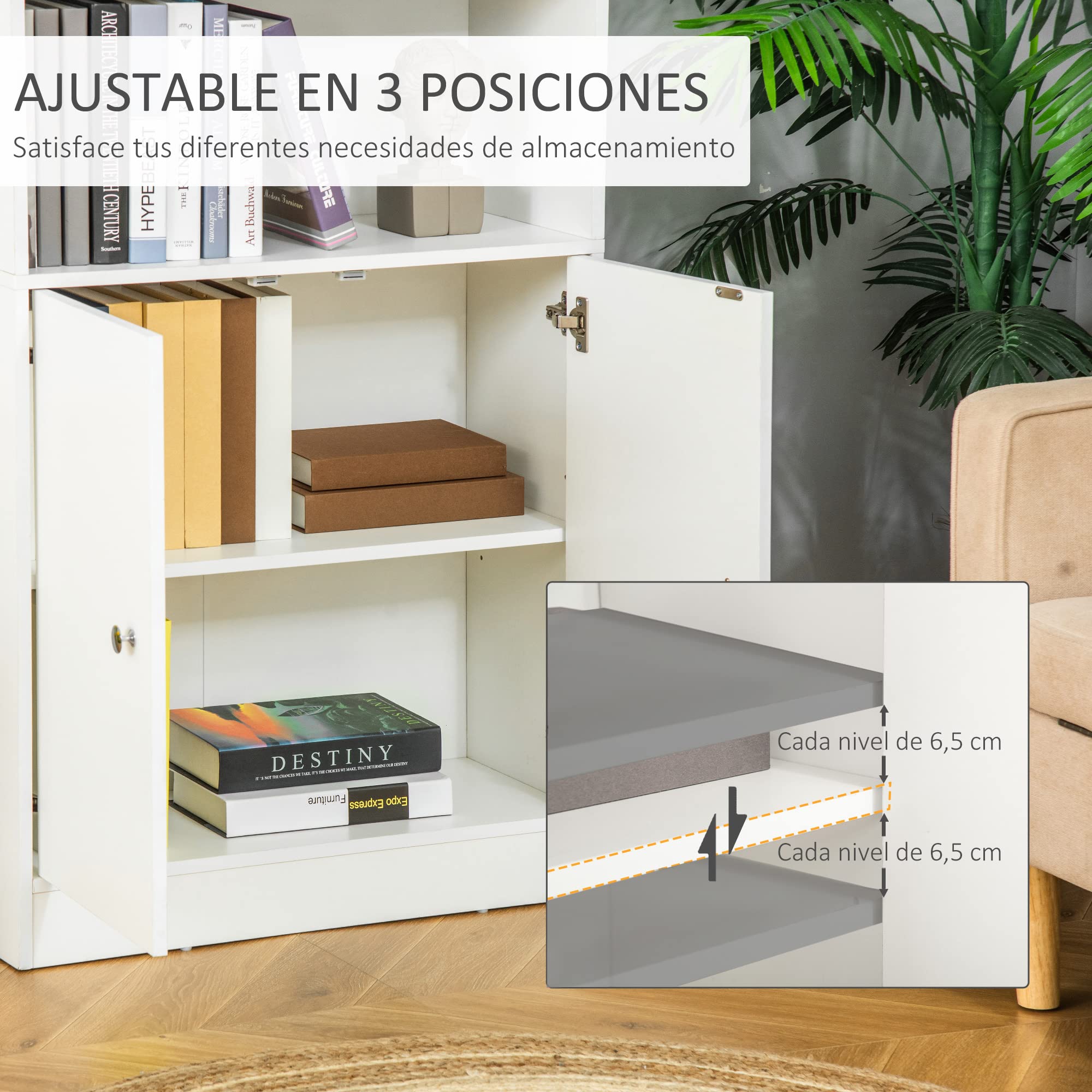 HOMCOM Estantería Librería con 3 Compartimentos Abiertos y 1 Armario con Estante Ajustable Almacenaje para Salón Estudio 70x29,5x167 cm Blanco