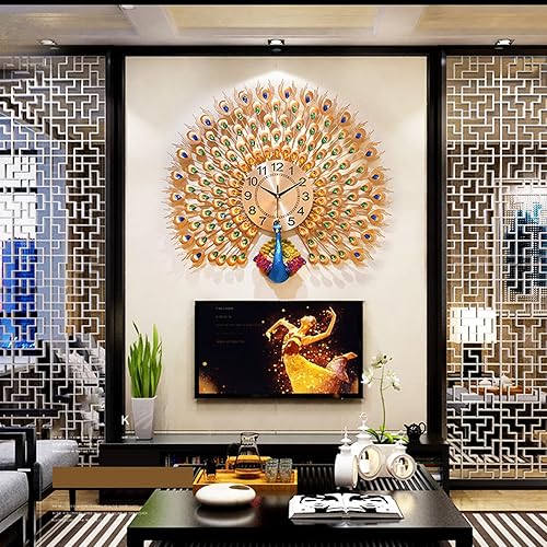 Miniatura 2 de XIALIUXIA Reloj de pared grande con diseño de pavo real auspicioso silencioso sin tictac reloj de pared con números arábigos reloj de pared grande