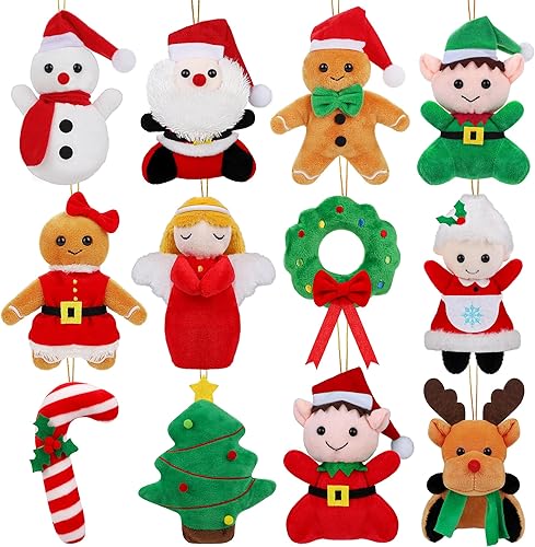 Fovths 12 piezas de animales de peluche de Navidad de 5.7 pulgadas, muñeco de nieve, Papá Noel, elfo, elfo, árbol de Navidad, juguetes de peluche