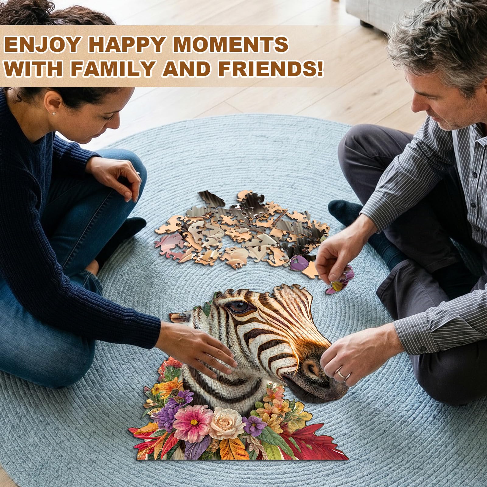 Jigfoxy Casse-tête en bois pour adultes, motif floral zèbre avec pièces uniques en forme d'animal - Jeu de casse-tête relaxant - Cadeau d'anniversaire pour la famille et les amis (L-34 x 22,6 cm - 190