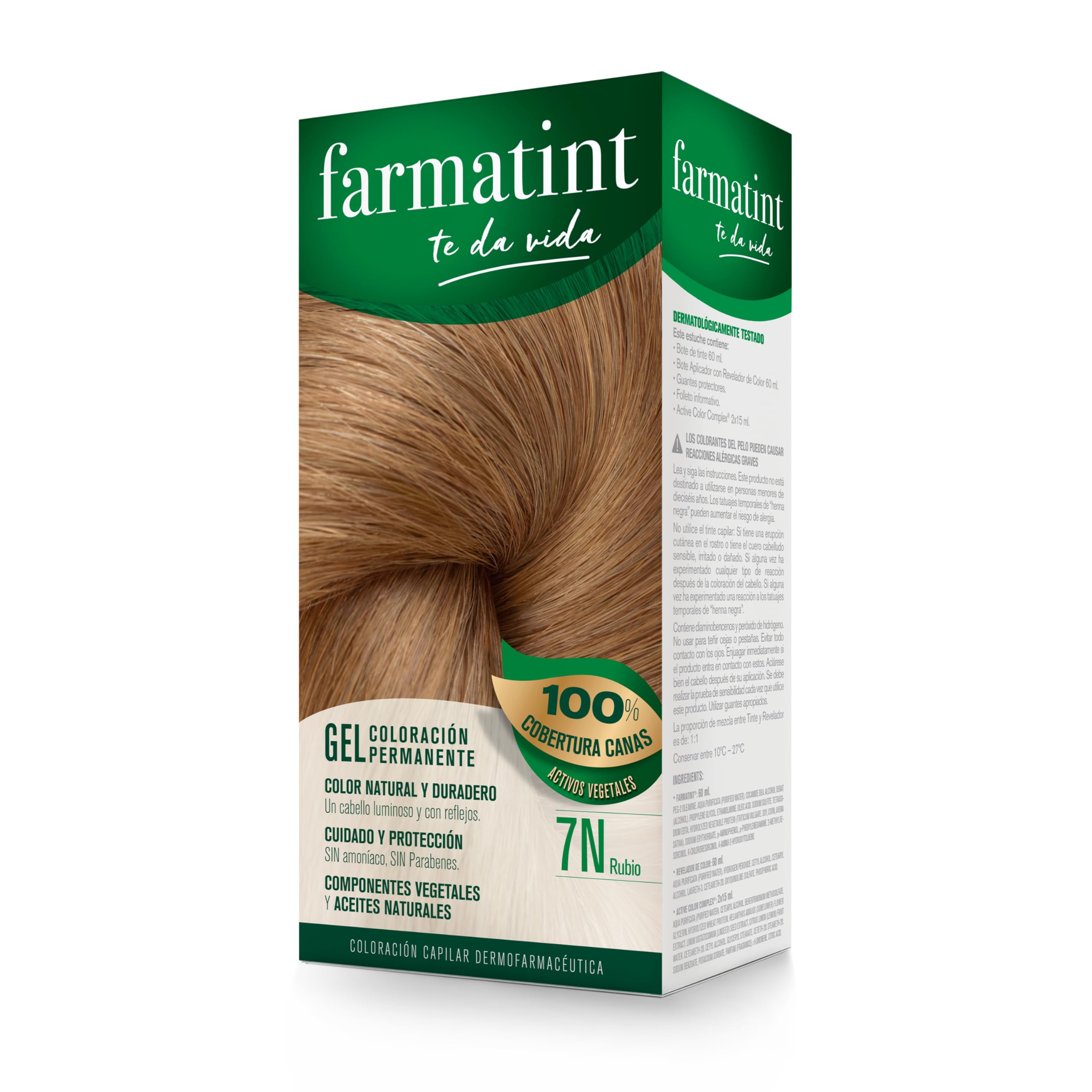 Farmatint Gel | Color Natural Y Duradero | Componentes Vegetales Y Aceites Naturales | Sin Amoníaco | Sin Parabenos | Dermatológicamente Testado, 7N Rubio, 135ml
