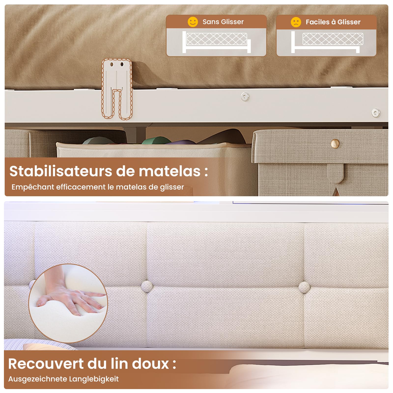 AOGLLATI Canapé-lit 140x190 avec Multiprise et Éclairage LED Réglable, Canapé-lit Convertible Capitonné avec 6 Compartiments et 24 cm d’Espace sous Lit (Beige, 140x190cm)