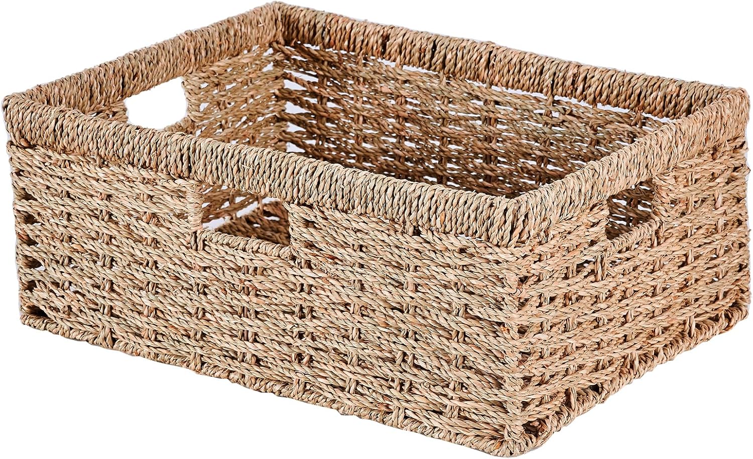 Rectangle Water Hyacinth Storage Basket, Wicker Storage Basket with Built-in Handles, Pantry Basket for Organizing, Handwoven Seagrass Basket for Shelves, Decorative Shelf Basket, Seagrass