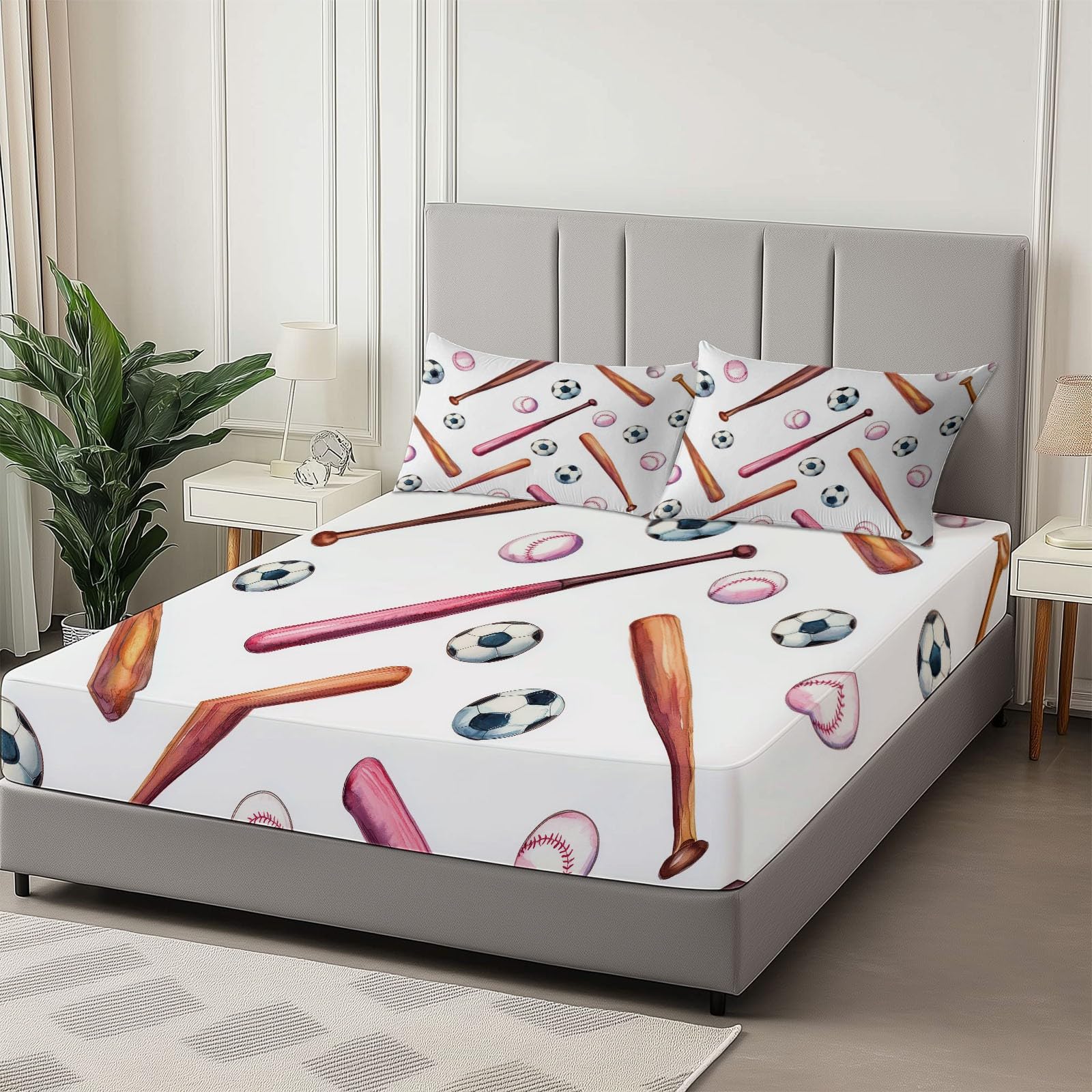 135 x 190 cm drukowane prześcieradło z gumką, modele sprzętu sportowego Baseball piłka nożna 100% miękka mikrofibra, z głęboką kieszenią 30 cm i oddychającą elastycznością, nowoczesna pościel, biała