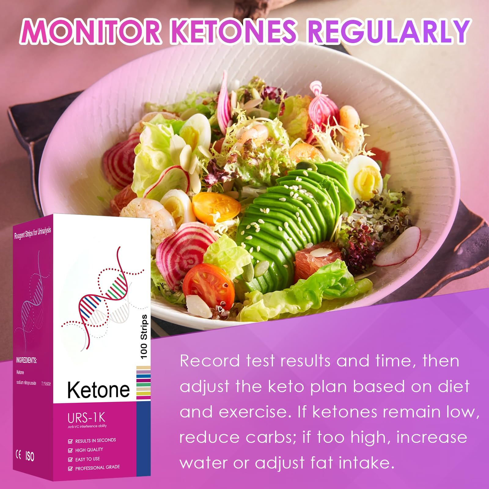 Tiras de Cetonas 100 Tiras,para Dieta Cetogénica,Adecuado para personas de fitness,Fácil de Usar