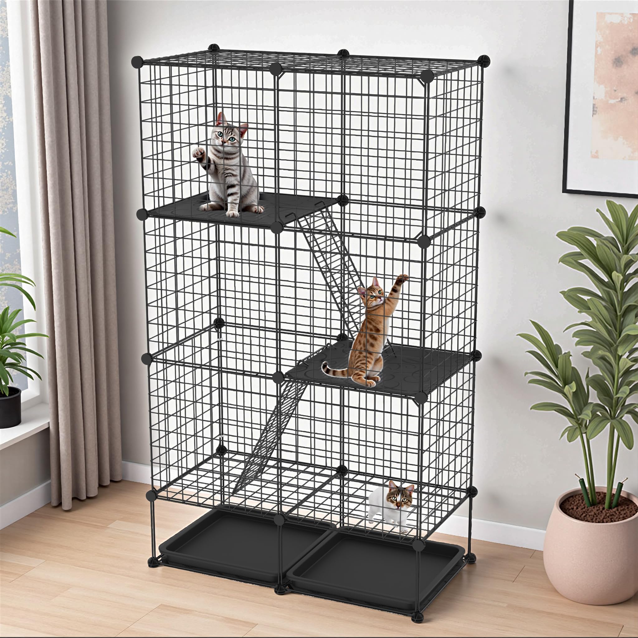 FIVMEN Parque para gatos de 3 pisos extraíble, 74 x 37 x 126 cm con 2 escaleras y jaula grande
