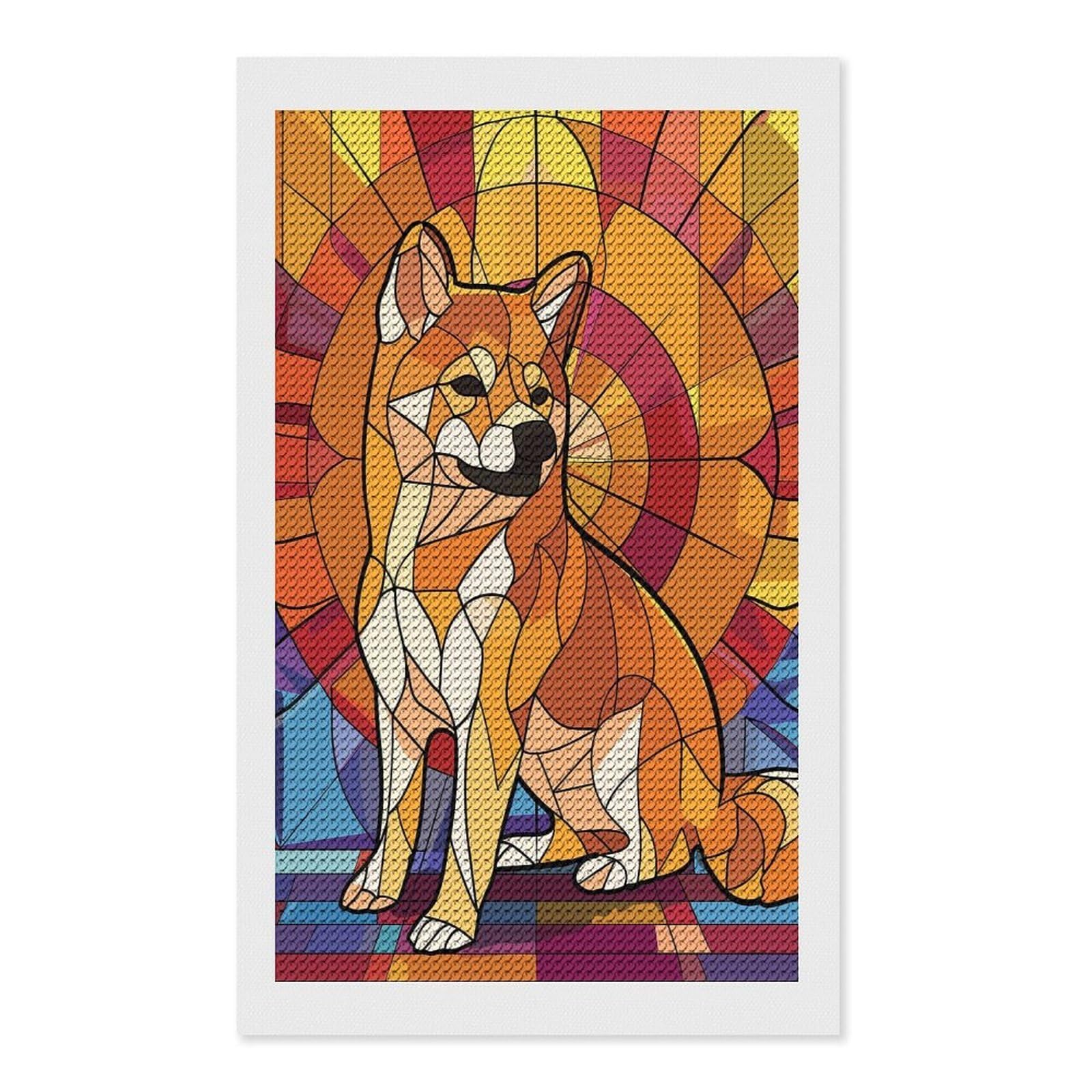 Junmoney Shiba Inu Stained Glass Art DIY Diamond Art Canvas Kit 12"x20", Farmhouse Decor, Vintage Style Decor, Handmade Wall Decor, Canvas Picture