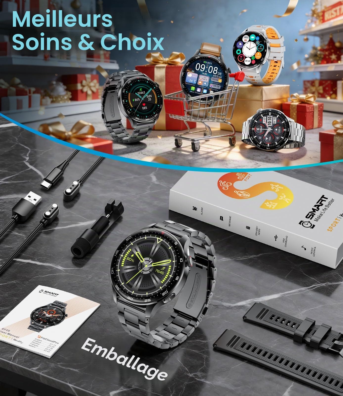 Montre Connectée Homme avec Appel Bluetooth, 1,7" Grande Écran Smartwatch avec Torche LED/800mAh/IP68 Étanche/100+ Modes Sportifs/Fréquence Cardiaque, Sommeil Moniteur pour Android iOS, Noir-Silicone